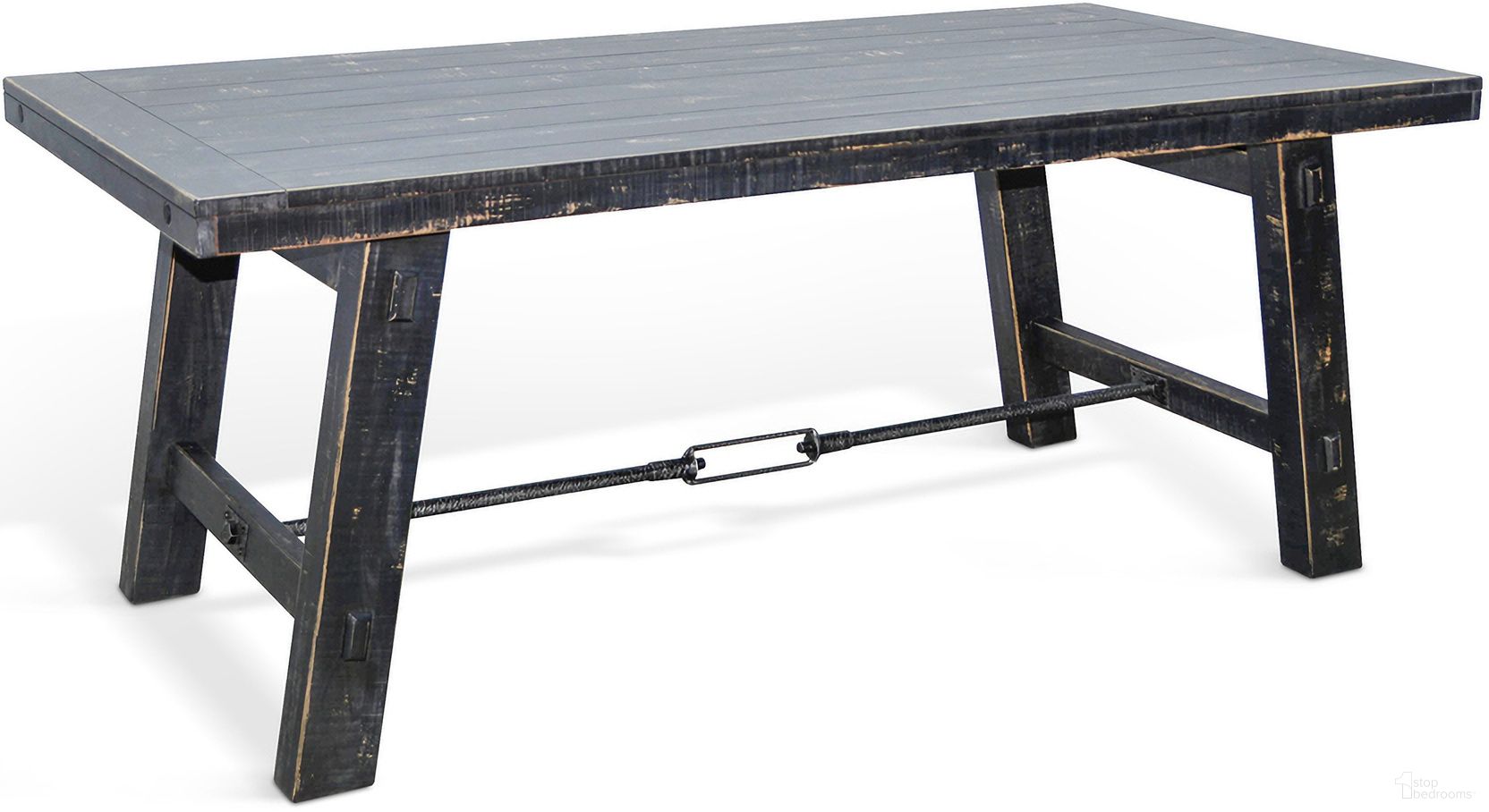 The appearance of Marina Wood Dining Table with Turnbuckle In Sand Black designed by Sunny Designs in the rustic / southwestern interior design. This black sand piece of furniture was selected by 1StopBedrooms from Marina Collection to add a touch of cosiness and style into your home. Sku: 1367BS. Table Base Style: Trestle. Table Top Shape: Rectangular. Size: 38" x 74". Material: Solid Wood.