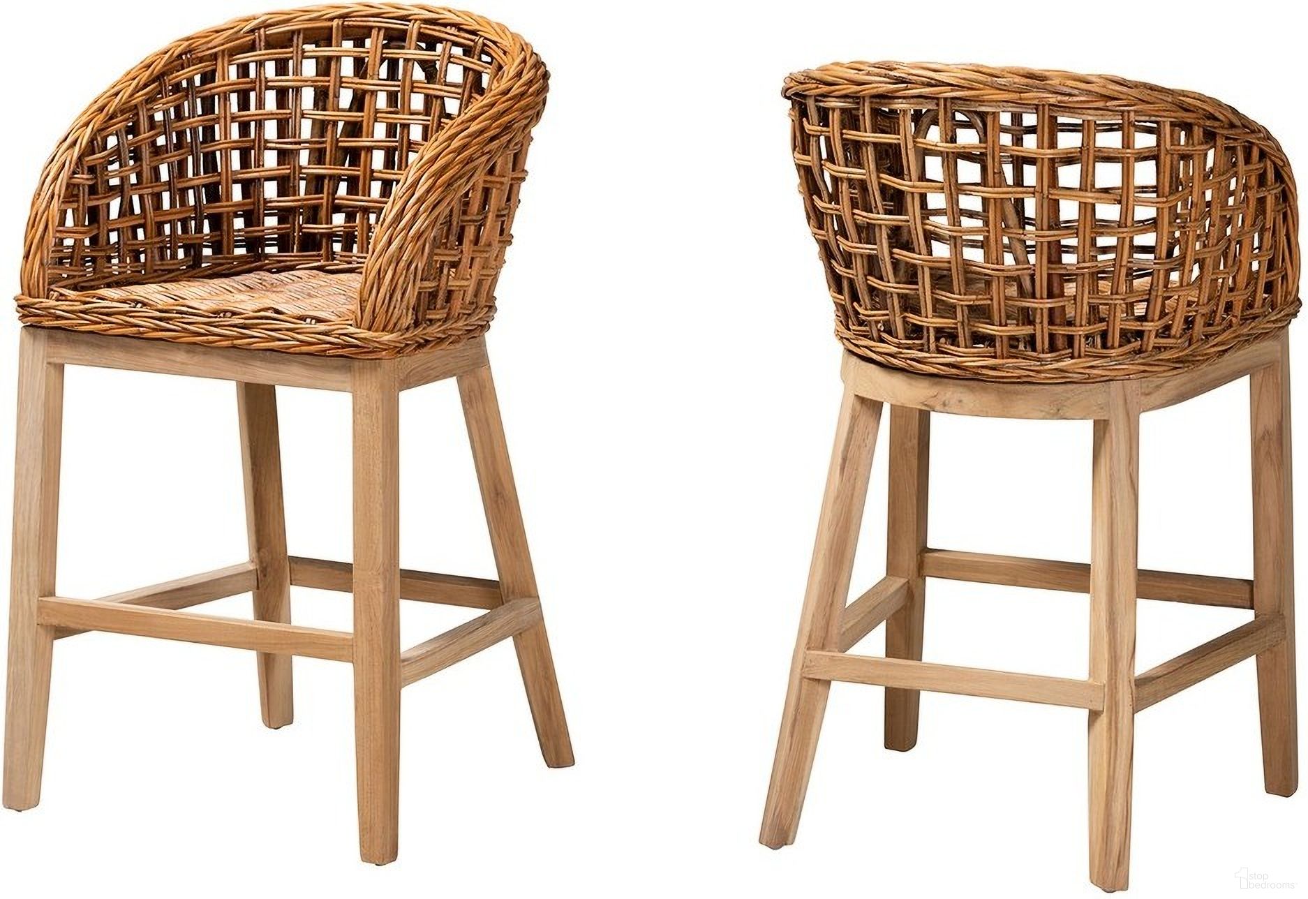 Mario Teak Wood and Rattan Counter Stool Set of 2 In Natural Brown