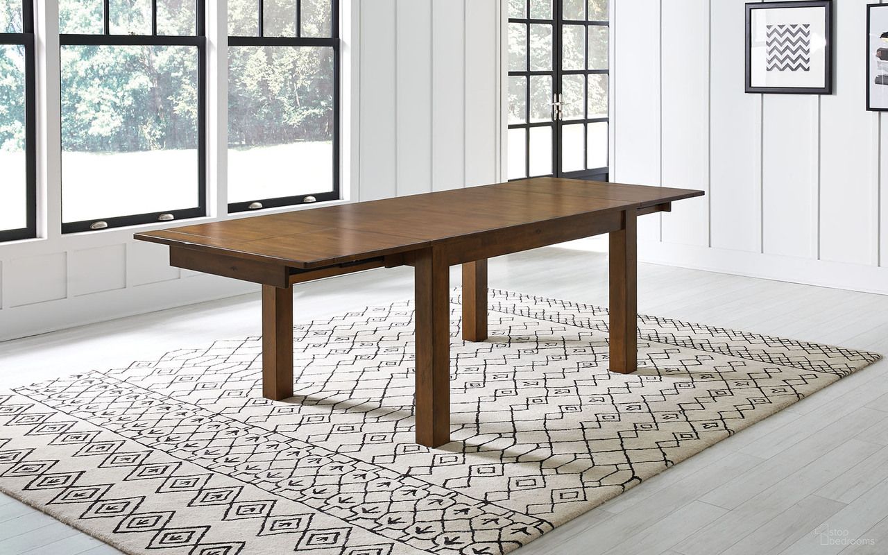 The appearance of Mariposa 100" Rustic Whiskey Extendable Leg Dining Table designed by A-America in the transitional interior design. This whiskey piece of furniture was selected by 1StopBedrooms from Mariposa Collection to add a touch of cosiness and style into your home. Sku: MRPRW6201. Table Base Style: Legs. Table Top Shape: Rectangular. Material: Rubberwood. Size: 100" x 38".