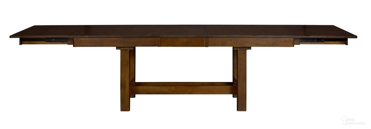 The appearance of Mariposa 132" Rustic Whiskey Extendable Trestle Dining Table designed by A-America in the transitional interior design. This whiskey piece of furniture was selected by 1StopBedrooms from Mariposa Collection to add a touch of cosiness and style into your home. Sku: MRPRW6081. Table Base Style: Trestle. Table Top Shape: Rectangular. Material: Rubberwood. Size: 132" x 40".