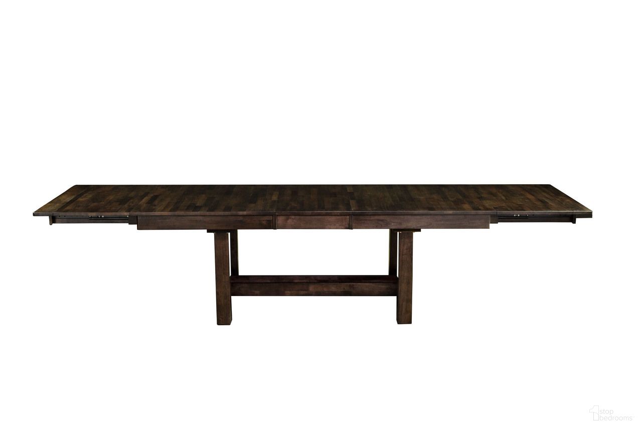 The appearance of Mariposa Warm Gray 132" Extendable Rectangular Trestle Dining Table designed by A-America in the transitional interior design. This gray piece of furniture was selected by 1StopBedrooms from Mariposa Collection to add a touch of cosiness and style into your home. Sku: MRPWG6081. Table Base Style: Trestle. Table Top Shape: Rectangular. Material: Rubberwood. Size: 132" x 40".