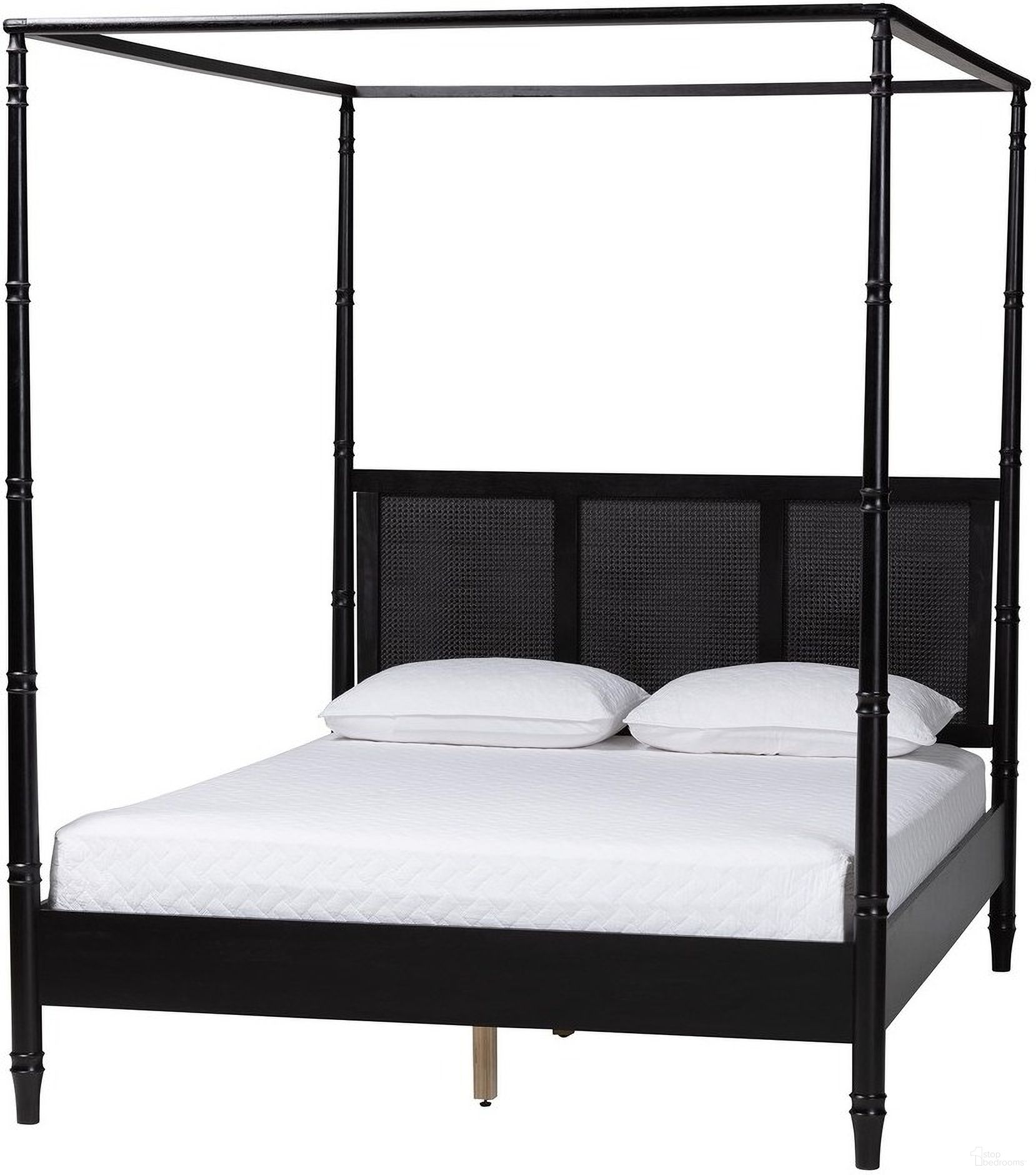 The appearance of Marisela King Canopy Bed In Black designed by Baxton Studio in the transitional interior design. This black piece of furniture  was selected by 1StopBedrooms from Marisela Collection to add a touch of cosiness and style into your home. Sku: MG0246-2-Black-King-Canopy Bed. Bed Type: Canopy Bed. Bed Size: King. Material: Solid Rubberwood.