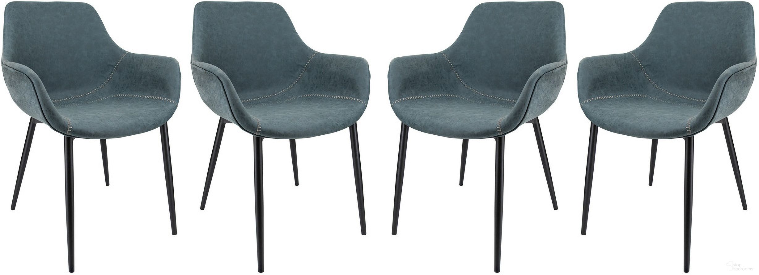 The appearance of Markley Leather Dining Arm Chair Set of 4 In Peacock Blue/Black designed by LeisureMod in the modern / contemporary interior design. This blue piece of furniture  was selected by 1StopBedrooms from Markley Collection to add a touch of cosiness and style into your home. Sku: EC26BU4. Material: Faux Leather. Chair Type: Arm Chair.