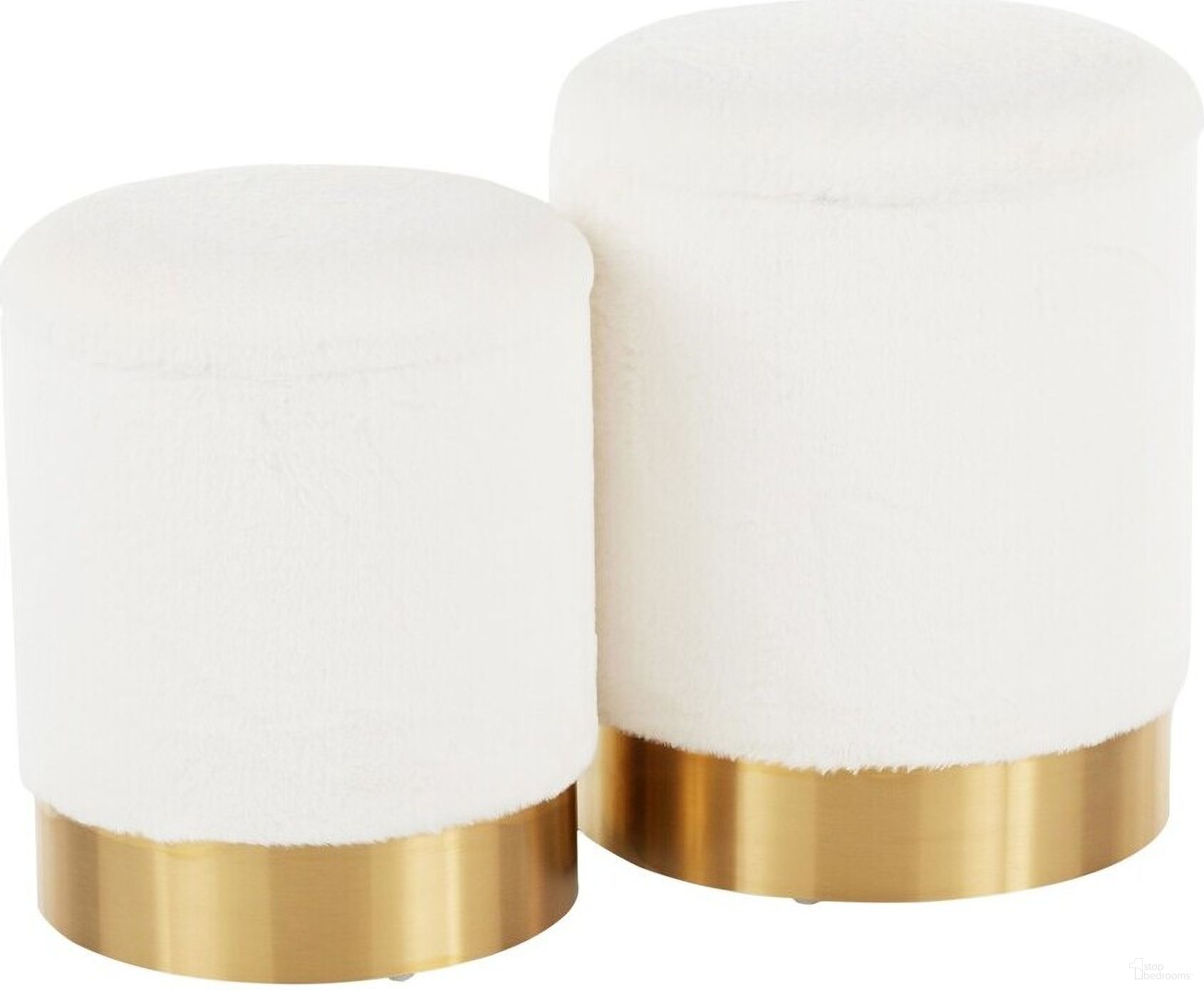 The appearance of Marla Nesting Ottoman Set In Cream/Gold designed by Lumisource in the modern / contemporary interior design. This cream piece of furniture was selected by 1StopBedrooms from Marla Collection to add a touch of cosiness and style into your home. Sku: OT-MARLA PLSH CR. Material: Polyester.