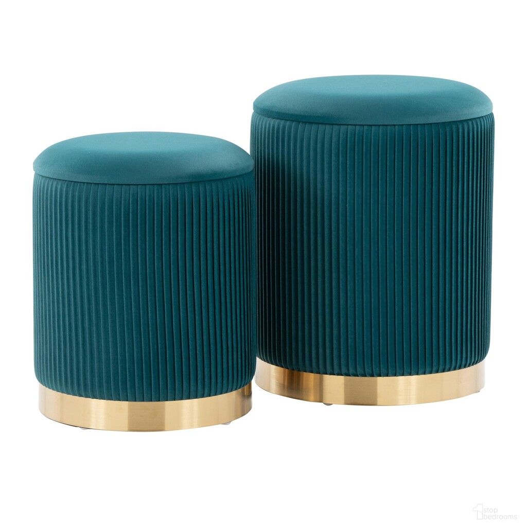 The appearance of Marla Nesting Pleated Ottoman Set of 2 In Gold and Peacock Teal designed by Lumisource in the glam interior design. This gold and peacock teal piece of furniture was selected by 1StopBedrooms from Marla Collection to add a touch of cosiness and style into your home. Sku: OT2-MARLA PLTV AUTL. Material: Foam.