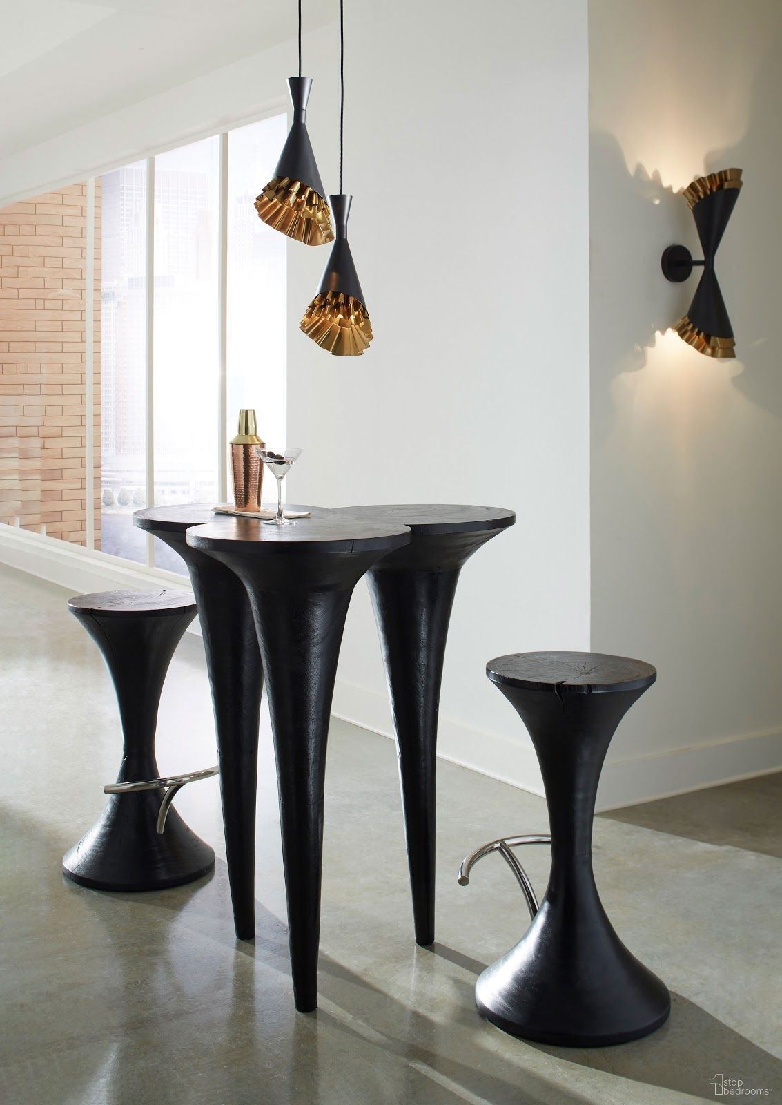 The appearance of Marley Burnt Black Chamcha Wood Bar Table Set designed by Phillips Collection in the modern / contemporary interior design. This black piece of furniture  was selected by 1StopBedrooms from Marley Collection to add a touch of cosiness and style into your home. Sku: TH94483;TH74076. Material: Wood.