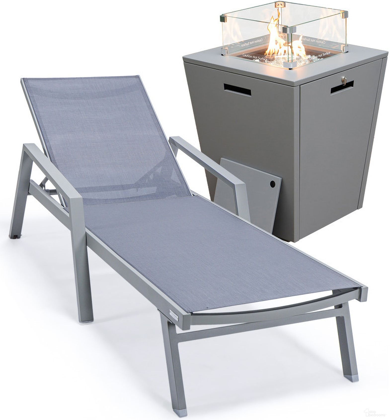 Marlin Outdoor Patio Chaise Lounge Chair With Arms and Square Fire Pit Side Table In Dark Grey