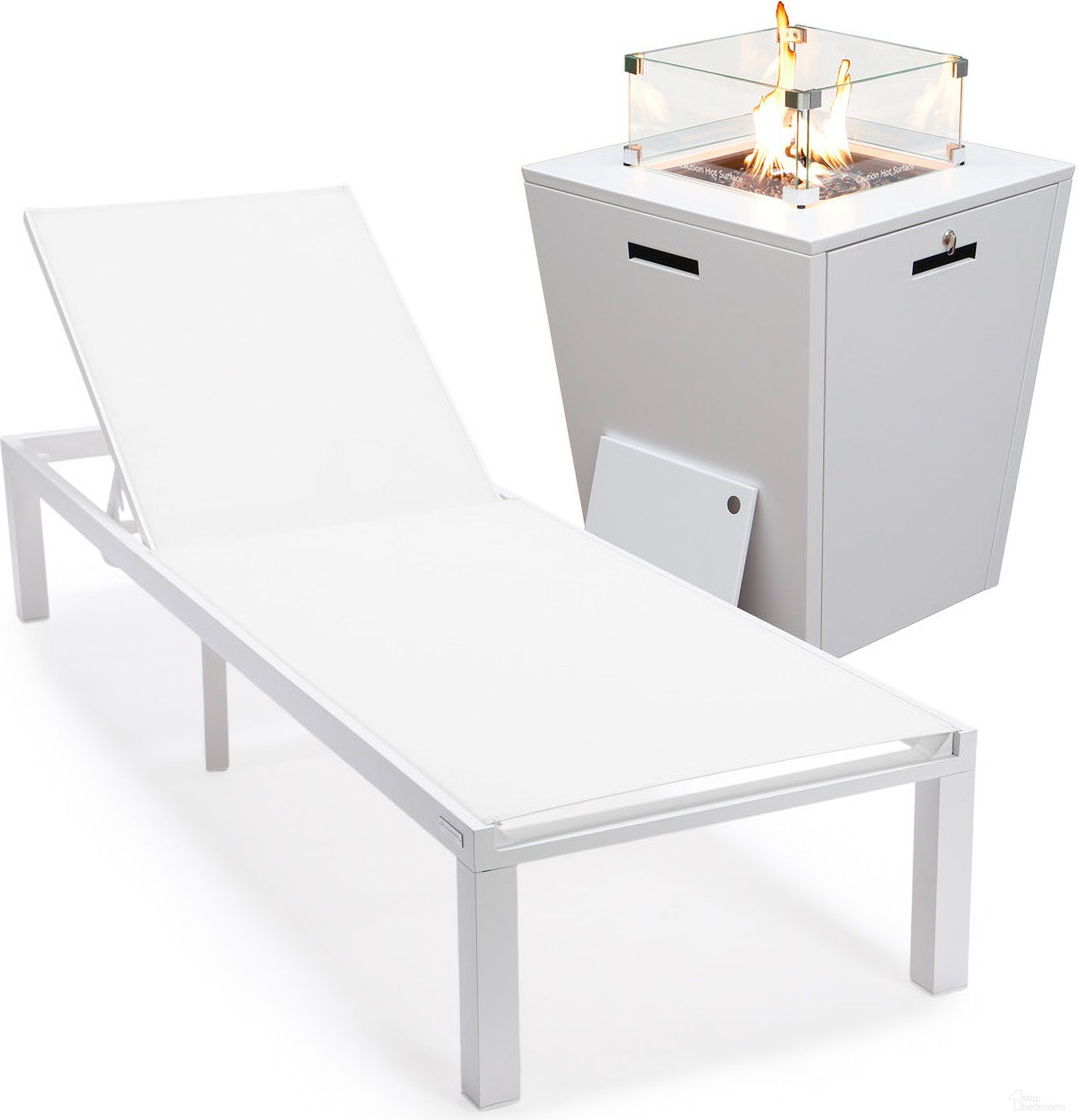Marlin Outdoor Patio Chaise Lounge Chair With Square Fire Pit Side Table In White