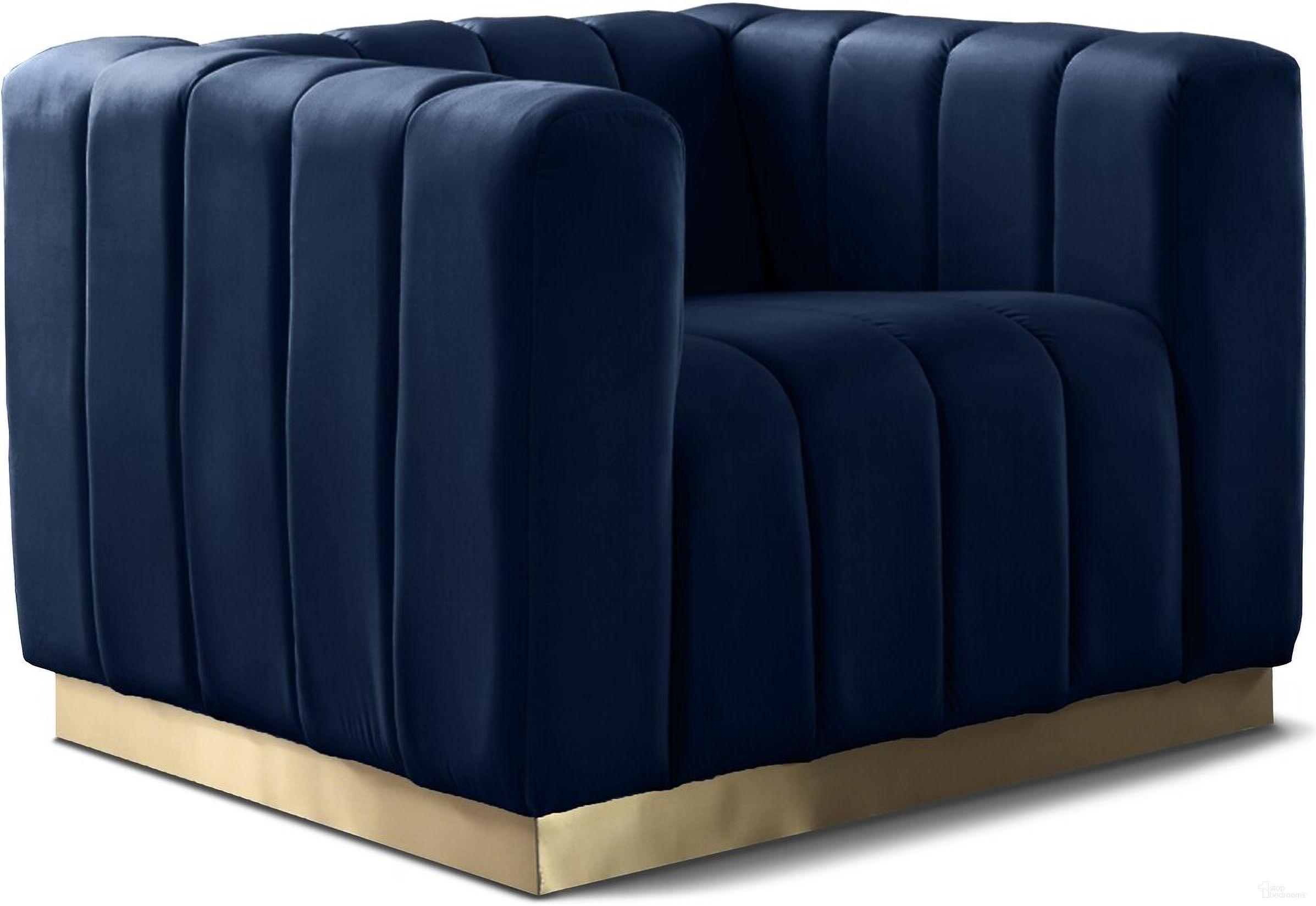 The appearance of Marlon Velvet Chair In Navy designed by Meridian in the modern / contemporary interior design. This navy piece of furniture  was selected by 1StopBedrooms from Marlon Collection to add a touch of cosiness and style into your home. Sku: 603Navy-C. Material: Velvet.