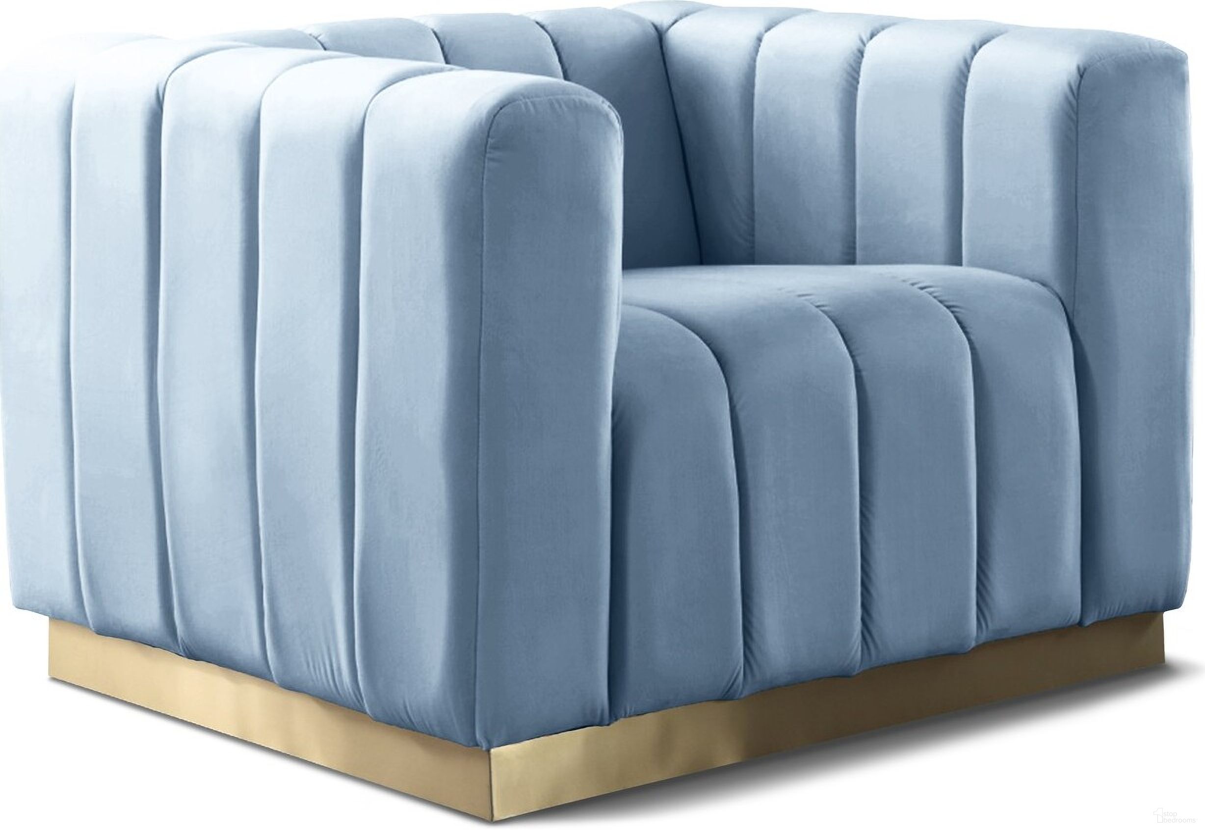 The appearance of Marlon Velvet Chair In Sky Blue designed by Meridian in the modern / contemporary interior design. This sky blue piece of furniture  was selected by 1StopBedrooms from Marlon Collection to add a touch of cosiness and style into your home. Sku: 603SkyBlu-C. Material: Velvet.