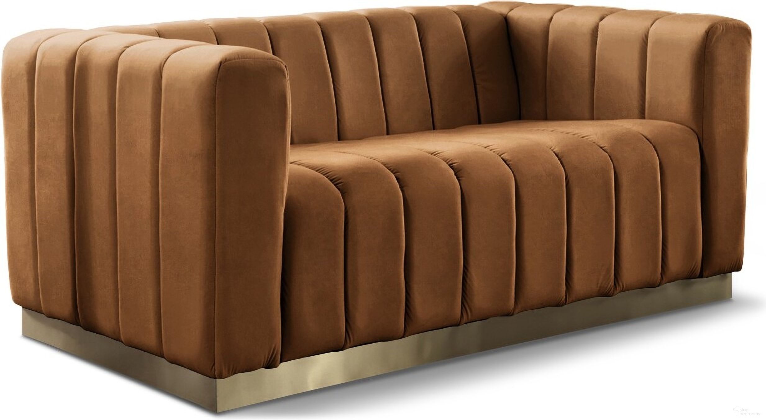 The appearance of Marlon Velvet Loveseat In Saddle designed by Meridian in the modern / contemporary interior design. This saddle piece of furniture  was selected by 1StopBedrooms from Marlon Collection to add a touch of cosiness and style into your home. Sku: 603Saddle-L. Material: Velvet.