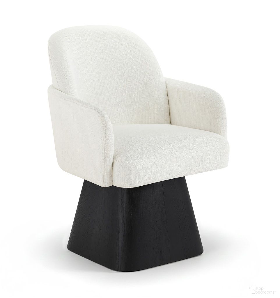 The appearance of Marlowe Linen Textured Fabric Upholstered Swivel Dining Arm Chair In Cream designed by Meridian in the modern / contemporary interior design. This cream piece of furniture  was selected by 1StopBedrooms from Marlowe Collection to add a touch of cosiness and style into your home. Sku: 88030Cream-AC. Material: Linen. Chair Type: Arm Chair.