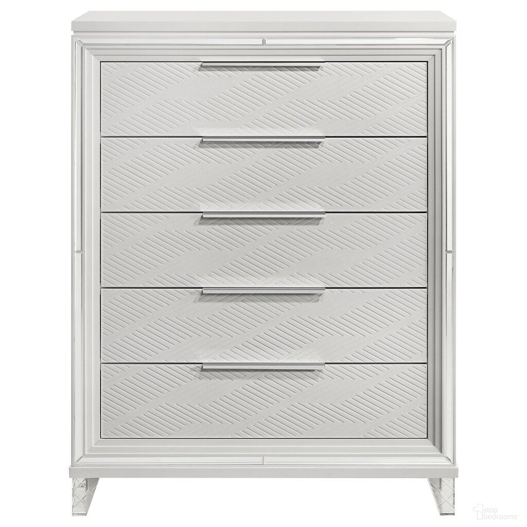 The appearance of Marmore 5-Drawer Bedroom Chest of Drawers In White designed by Coaster in the modern / contemporary interior design. This white piece of furniture  was selected by 1StopBedrooms from Marmore Collection to add a touch of cosiness and style into your home. Sku: 224965. Material: Acrylic.