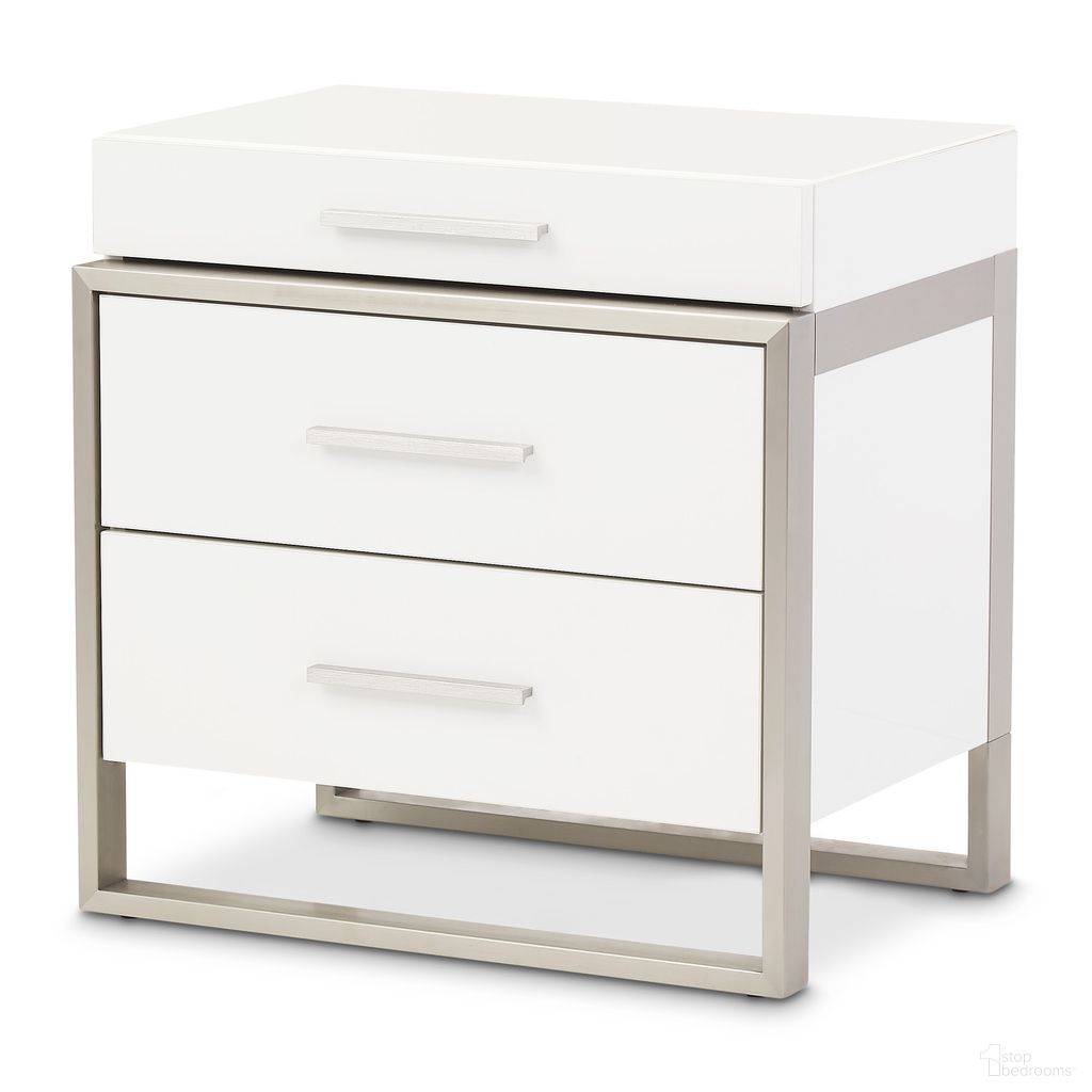 The appearance of Marquee Nightstand In Cloud White designed by Michael Amini in the modern / contemporary interior design. This cloud white piece of furniture was selected by 1StopBedrooms from Marquee Collection to add a touch of cosiness and style into your home. Sku: NKI-MRQE040-108. Material: MDF.