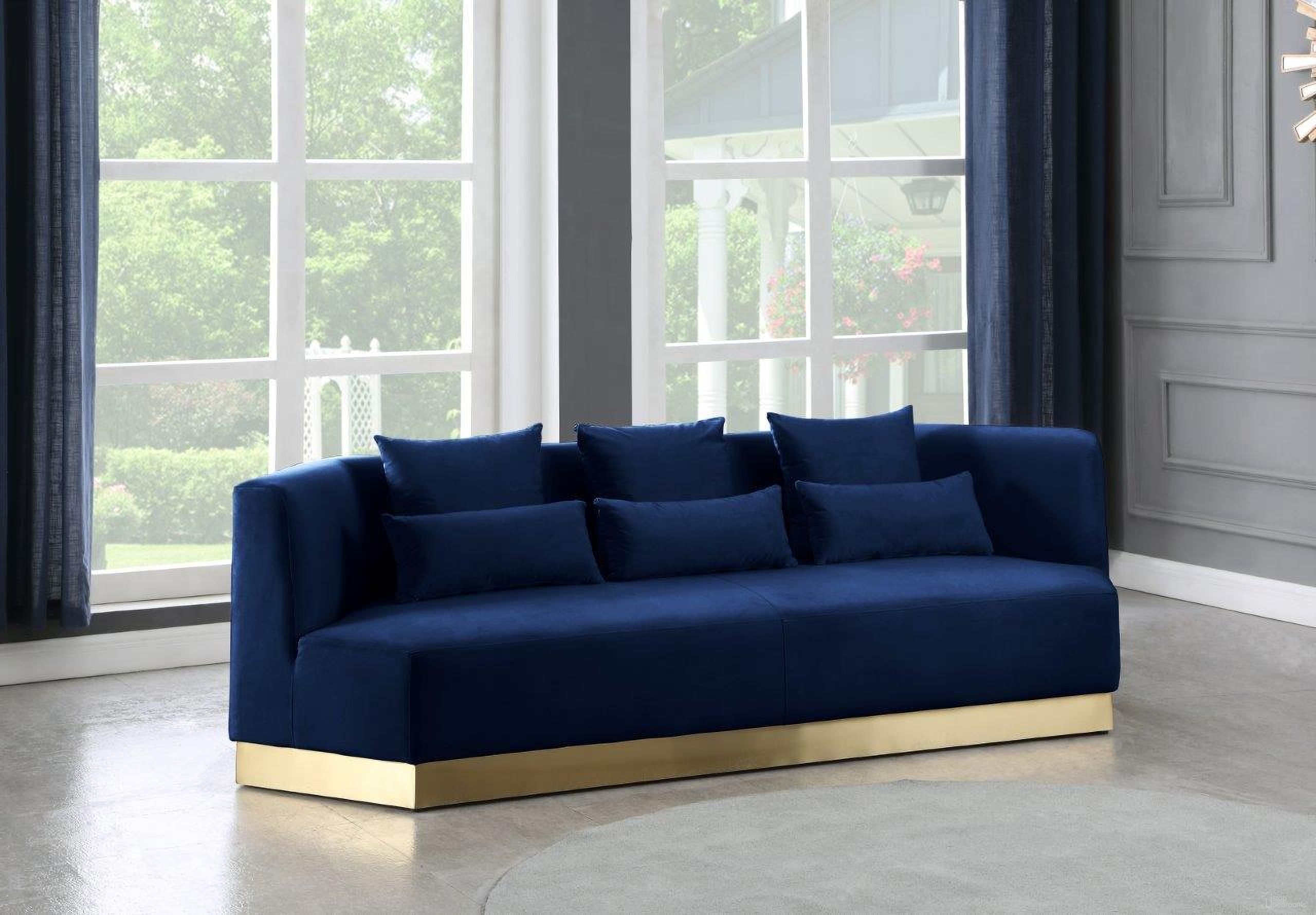 The appearance of Marquis Velvet Sofa In Navy designed by Meridian in the modern / contemporary interior design. This navy piece of furniture was selected by 1StopBedrooms from Marquis Collection to add a touch of cosiness and style into your home. Sku: 600Navy-S. Material: Velvet.
