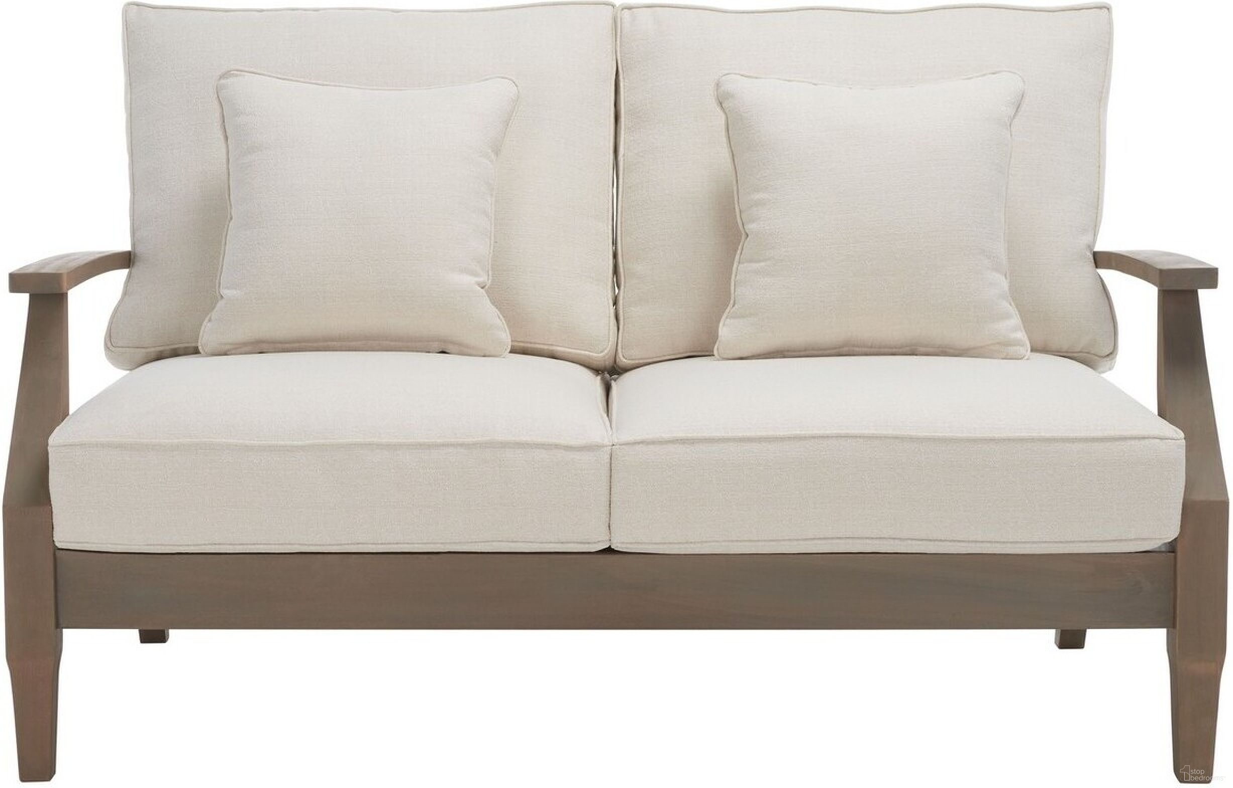The appearance of Martinique Wood Patio Loveseat In Light Grey and Beige designed by Safavieh Couture in the modern / contemporary interior design. This light grey and beige piece of furniture  was selected by 1StopBedrooms from Martinique Collection to add a touch of cosiness and style into your home. Sku: CPT1012C. Material: Wood.