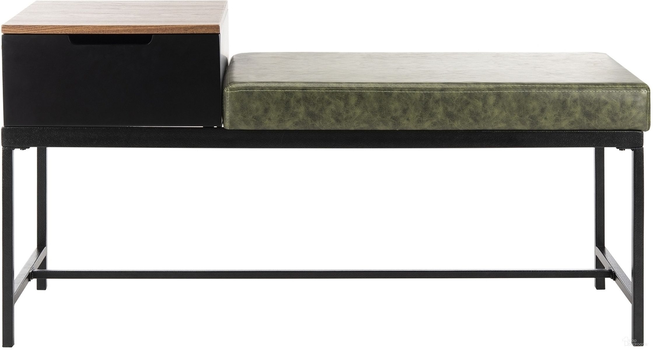 The appearance of Maruka Grey Wash/Dark Green Bench With Storage designed by Safavieh in the modern / contemporary interior design. This gray wash piece of furniture  was selected by 1StopBedrooms from Maruka Collection to add a touch of cosiness and style into your home. Sku: BCH6401D. Material: Metal.