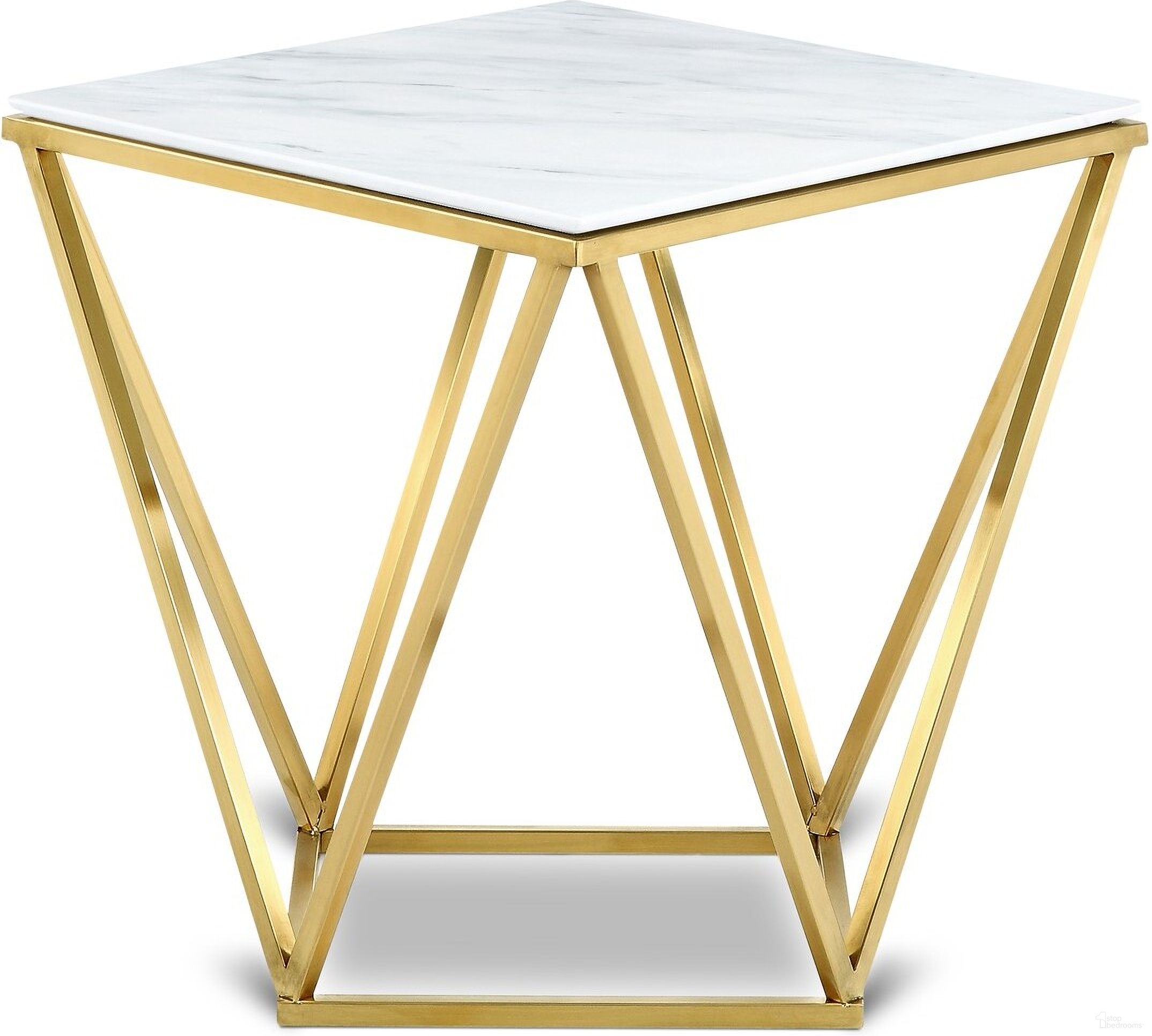 The appearance of Mason End Table In Gold designed by Meridian in the modern / contemporary interior design. This gold piece of furniture  was selected by 1StopBedrooms from Mason Collection to add a touch of cosiness and style into your home. Sku: 216-E Box 1/2 (Marble Top);216-E Box 2/2 (Base). Material: Stainless Steel.