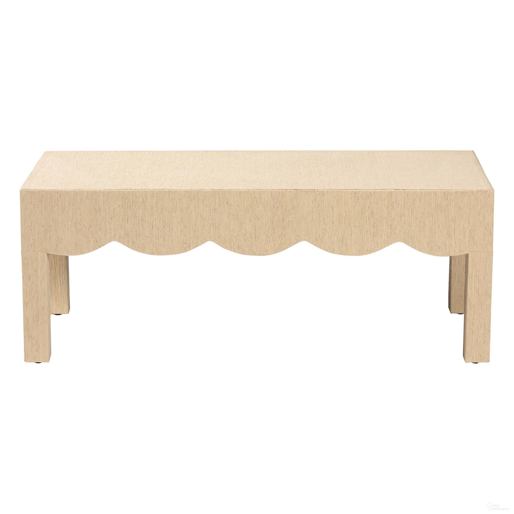 Mason Natural Grasscloth Coffee Table with Scalloped Apron In Beige