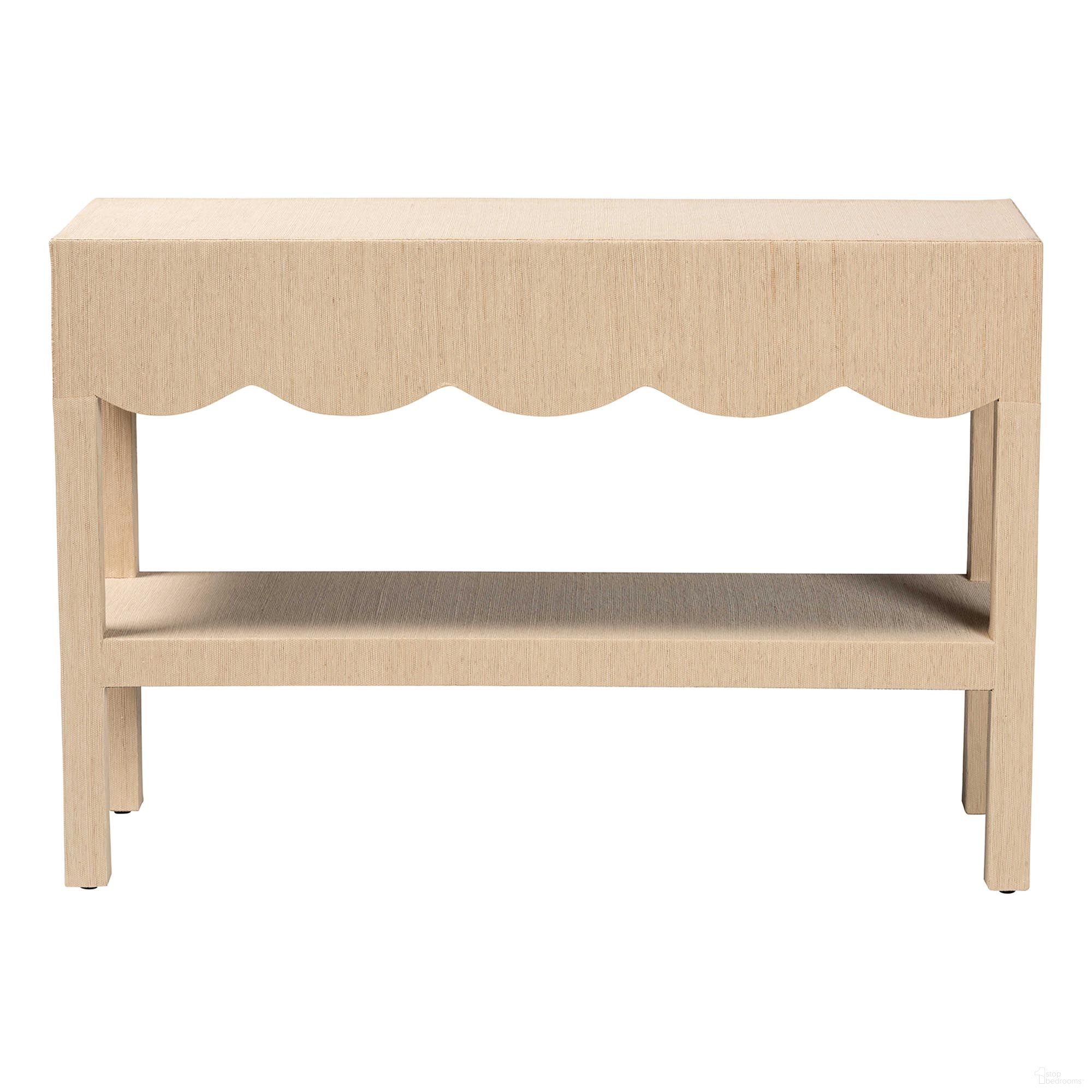 Mason Natural Grasscloth Console Table with Scalloped Apron In Beige