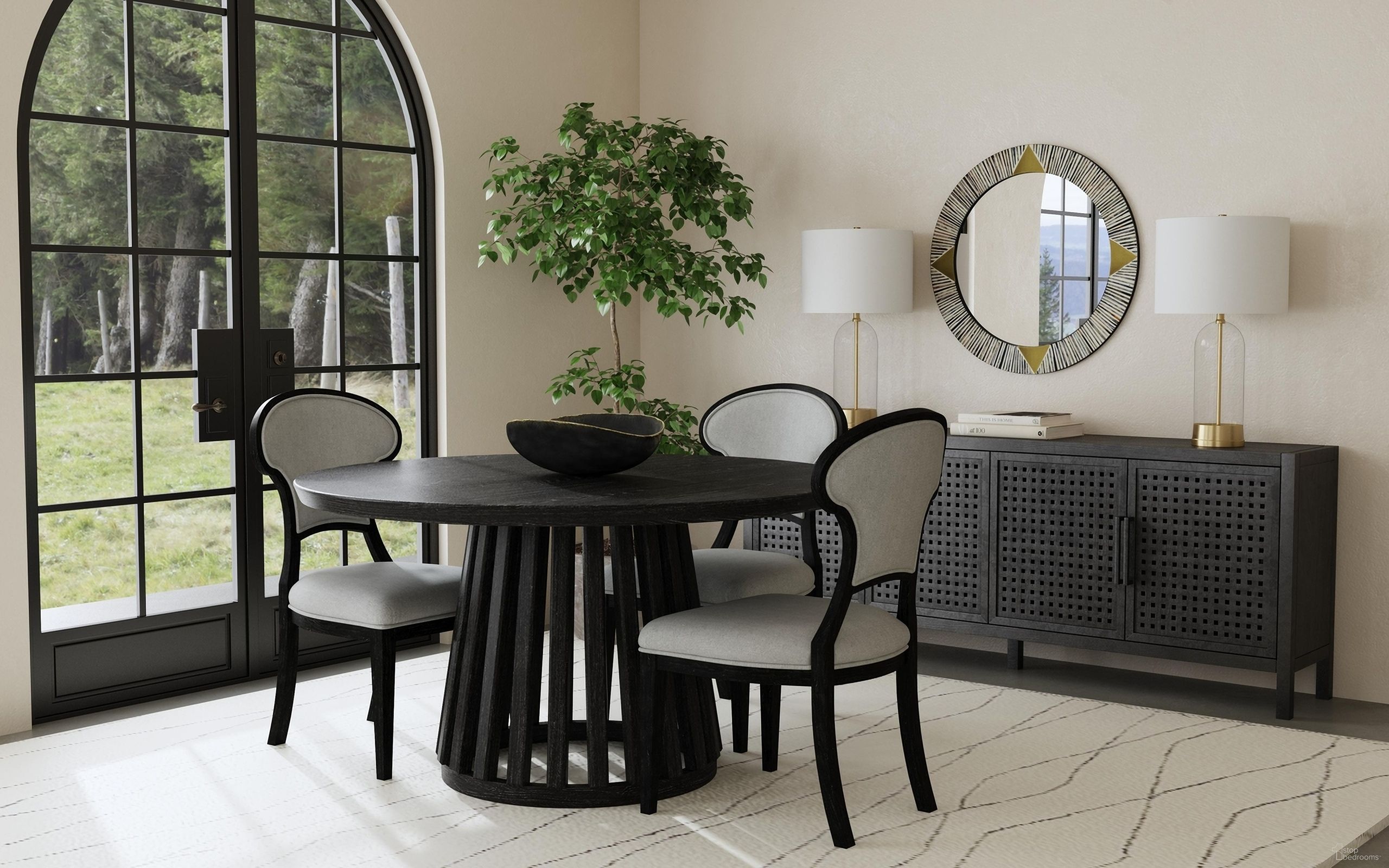 The appearance of Mateo Round Dining Room Set In Black designed by Bassett Mirror Company in the modern / contemporary interior design. This black piece of furniture was selected by 1StopBedrooms from Mateo Collection to add a touch of cosiness and style into your home. Sku: 8340-DR-700B;8340-DR-700T;8340-DR-800-2. Table Top Shape: Round. Material: Wood. Size: 54".