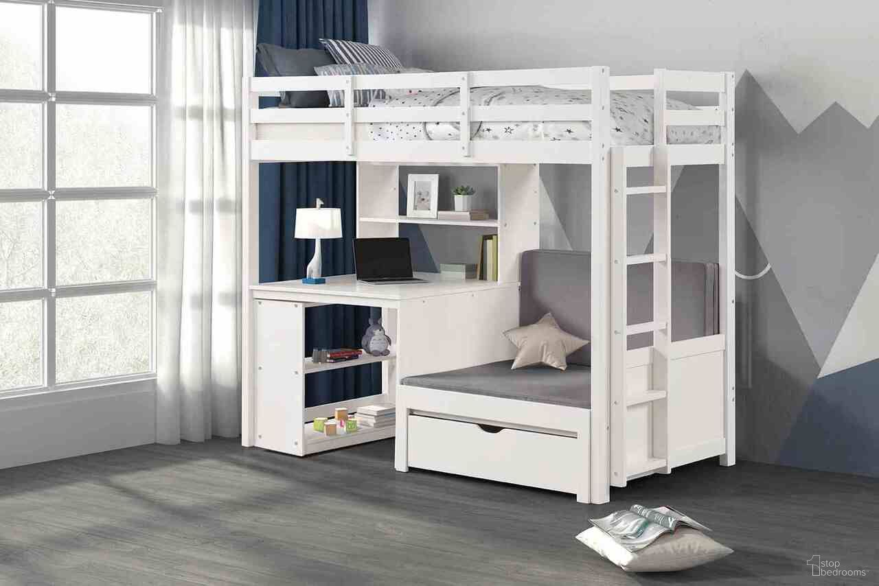 The appearance of Mateo Twin/Workstation Loft Bed with Bookcase In White designed by Furniture of America in the modern / contemporary interior design. This white piece of furniture was selected by 1StopBedrooms from Mateo Collection to add a touch of cosiness and style into your home. Sku: FM-BK200WH-1;FM-BK200WH-2;FM-BK200WH-3;FM-BK200WH-4. Bed Type: Bunk Bed. Bed Size: Twin. Material: Solid Pine Wood.