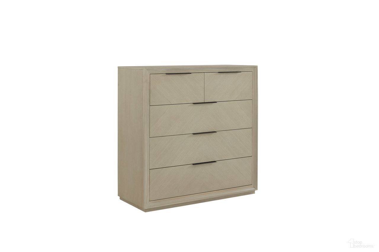 The appearance of Matrix 5 Drawer Chest in Cerused Linen designed by FD Home in the modern / contemporary interior design. This cerused linen piece of furniture was selected by 1StopBedrooms from Matrix Collection to add a touch of cosiness and style into your home. Sku: 7218-11. Material: Poplar Solid.