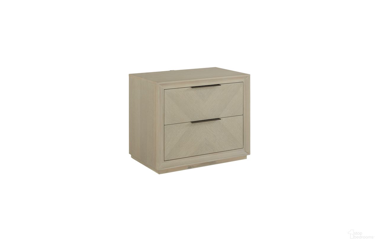 The appearance of Matrix Nightstand with USB Ports in Cerused Linen designed by FD Home in the modern / contemporary interior design. This cerused linen piece of furniture  was selected by 1StopBedrooms from Matrix Collection to add a touch of cosiness and style into your home. Sku: 7218-02. Material: Poplar Solid.