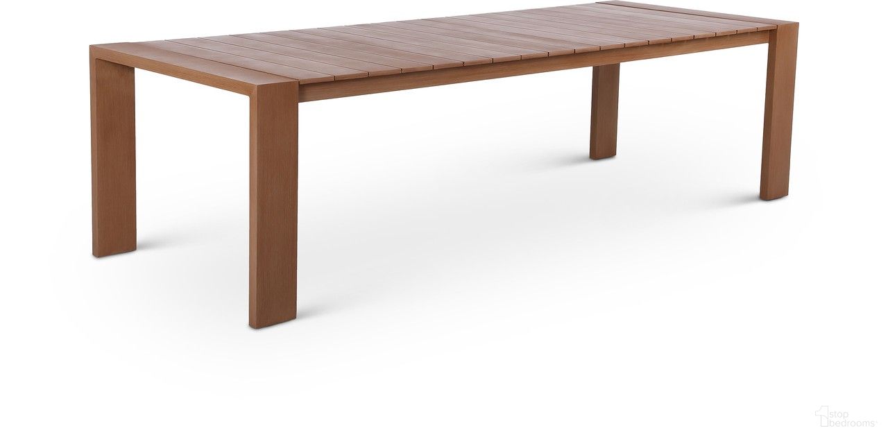 The appearance of Maui Outdoor Patio Dining Table In Natural designed by Meridian in the modern / contemporary interior design. This natural piece of furniture was selected by 1StopBedrooms from Maui Collection to add a touch of cosiness and style into your home. Sku: 362-T Box 1/2 (Table Top);362-T Box 2/2 (Legs). Table Base Style: Legs. Material: Aluminum. Table Top Shape: Rectangular.