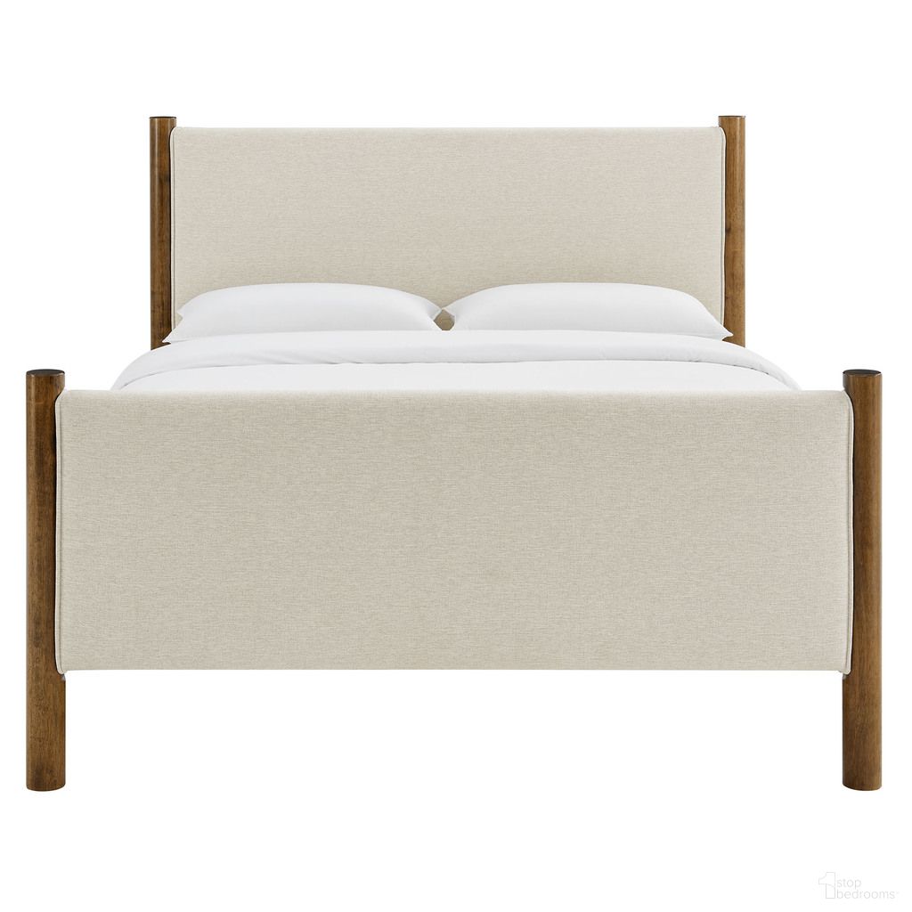 Maven Full Size Fabric Upholstered Platform Bed In Ivory and Walnut