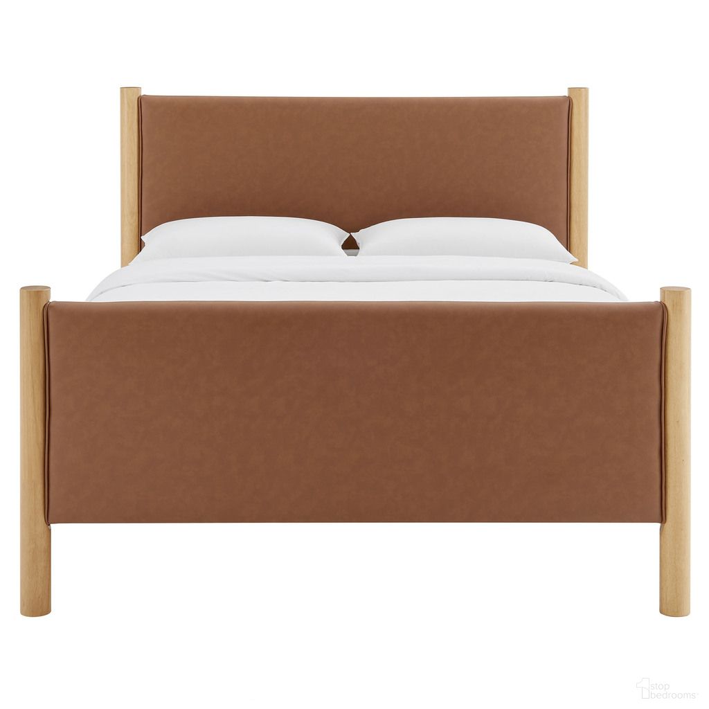 The appearance of Maven Full Size Vegan Leather Upholstered Platform Bed In Tan and Oak designed by Modway in the modern / contemporary interior design. This tan/oak piece of furniture  was selected by 1StopBedrooms from Maven Collection to add a touch of cosiness and style into your home. Sku: MOD-7187-TAN-OAK-1;MOD-7187-TAN-OAK-2. Bed Type: Platform Bed. Bed Size: Full. Material: Vegan Leather.