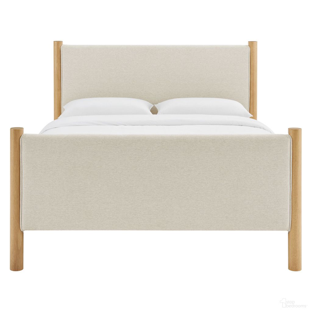 Maven Queen Size Fabric Upholstered Platform Bed In Ivory and Oak