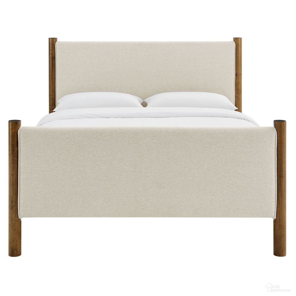 Maven Queen Size Fabric Upholstered Platform Bed In Ivory and Walnut
