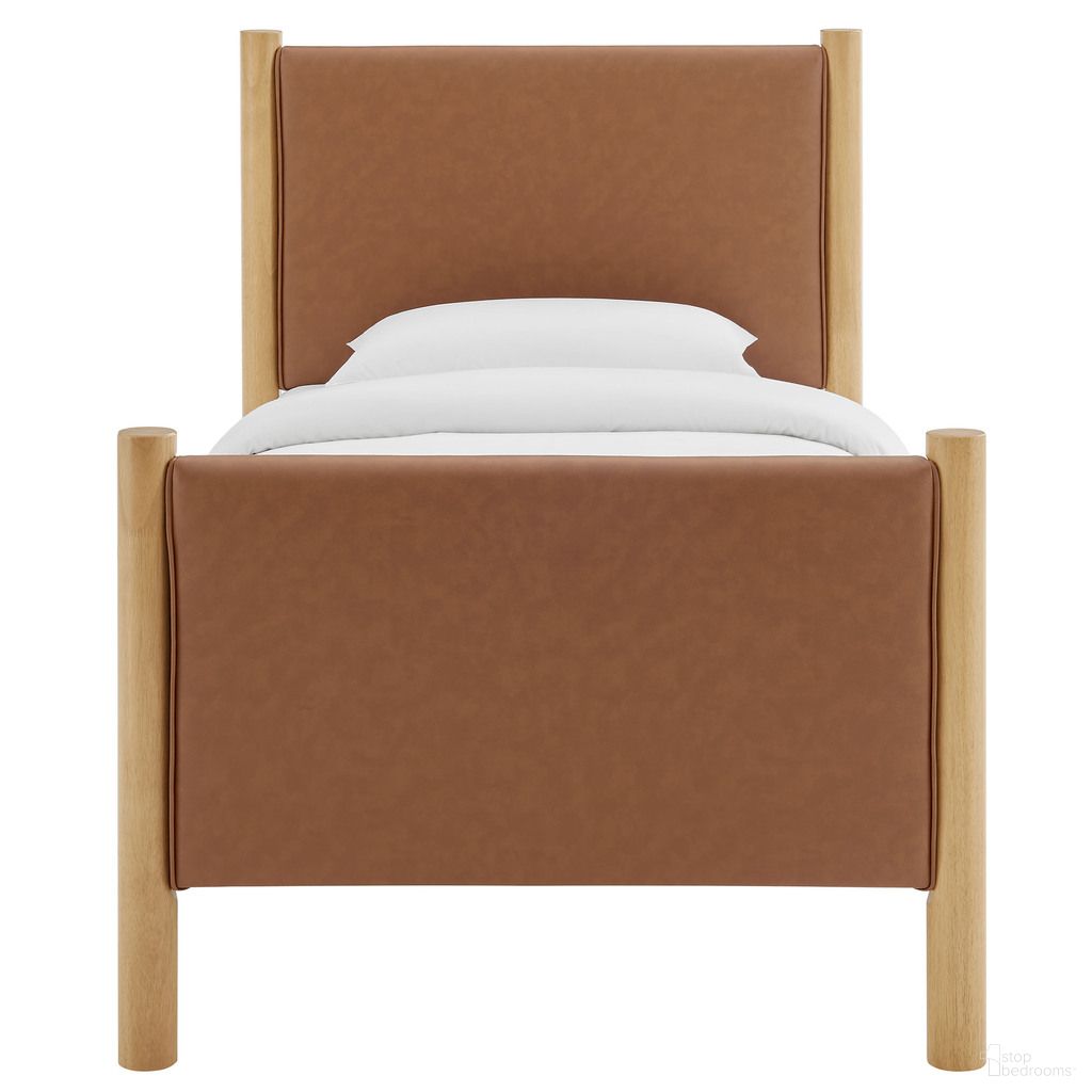 Maven Twin Size Vegan Leather Upholstered Platform Bed In Tan and Oak