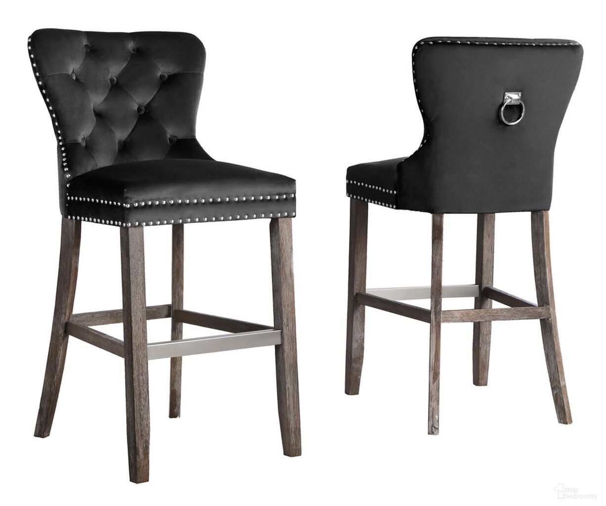 The appearance of Maya Bar Stools Set of 2 with Footrest In Rustic Black Velvet and Chrome Handle designed by Best Quality Furniture in the transitional interior design. This rustic black and chrome piece of furniture was selected by 1StopBedrooms from Maya Collection to add a touch of cosiness and style into your home. Sku: BS162. Material: Velvet.