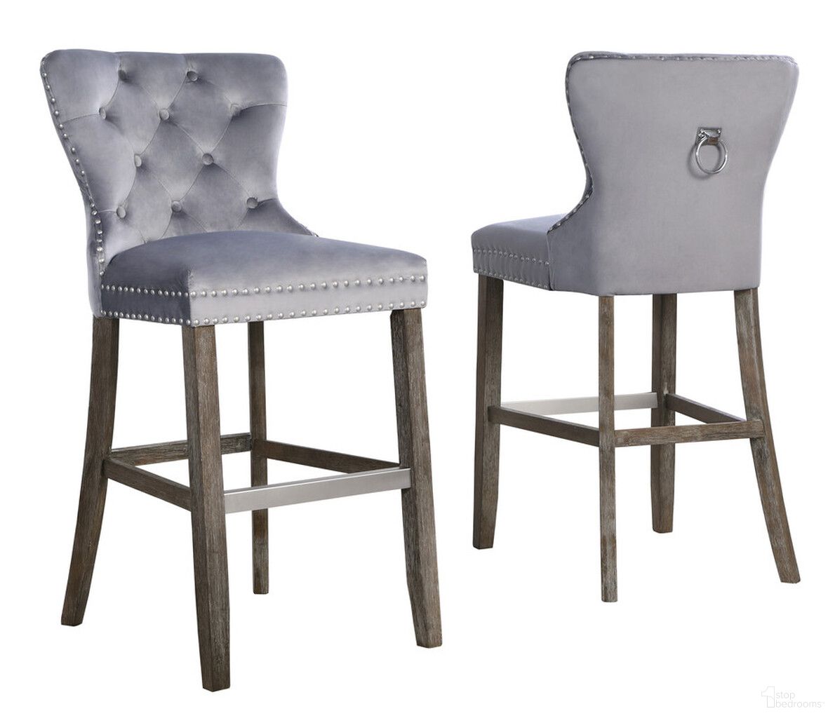 The appearance of Maya Bar Stools Set of 2 with Footrest In Rustic Gray Velvet and Chrome Handle designed by Best Quality Furniture in the transitional interior design. This rustic gray and chrome piece of furniture was selected by 1StopBedrooms from Maya Collection to add a touch of cosiness and style into your home. Sku: BS160. Material: Velvet.