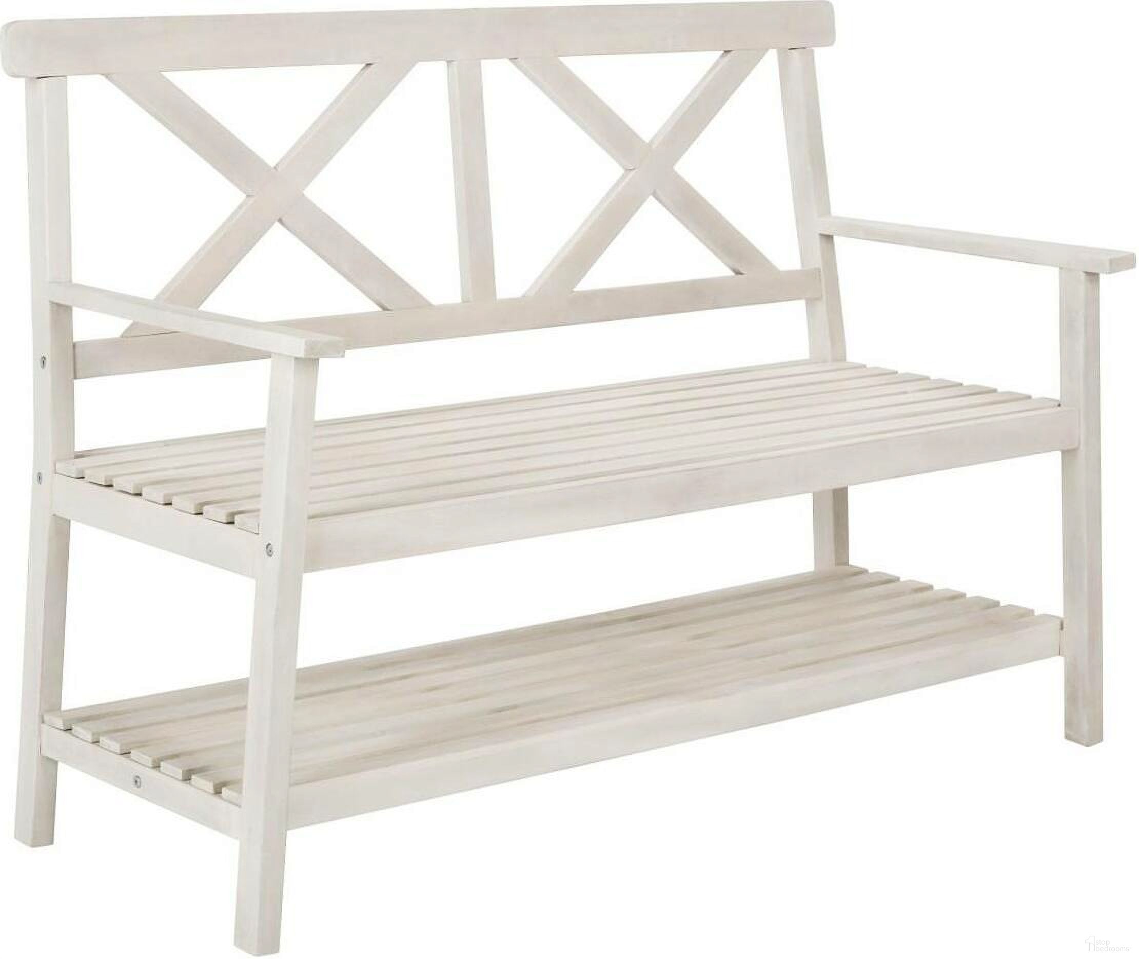 The appearance of Mayer White 49.21 Inch Outdoor Bench designed by Safavieh in the modern / contemporary interior design. This white piece of furniture  was selected by 1StopBedrooms from Mayer Collection to add a touch of cosiness and style into your home. Sku: PAT6744B. Material: Wood.