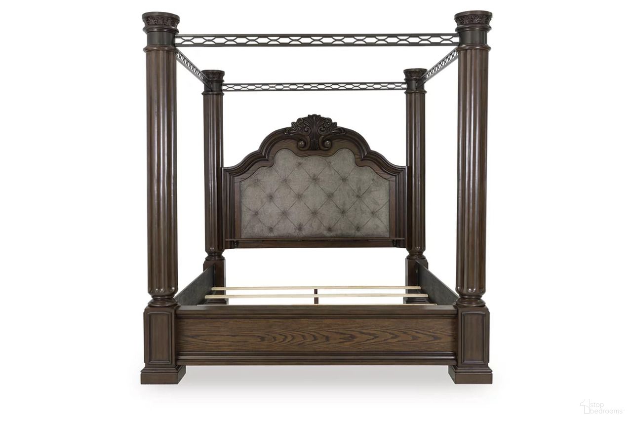 The appearance of Maylee California King Canopy Bed In Dark Brown designed by Signature Design by Ashley in the traditional interior design. This dark brown piece of furniture  was selected by 1StopBedrooms from Maylee Collection to add a touch of cosiness and style into your home. Sku: B947-150;B947-151;B947-166;B947-168;B947-94;B947-163. Bed Type: Canopy Bed. Bed Size: California King.