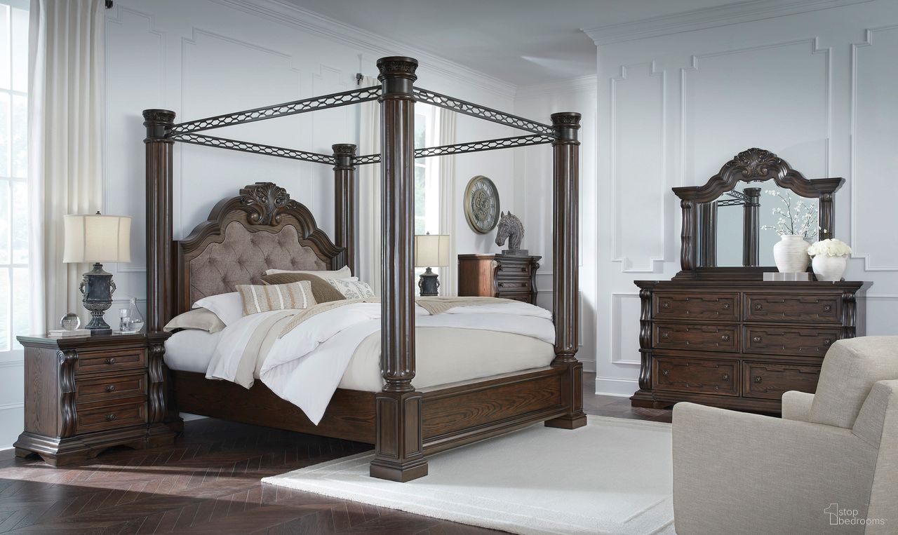 The appearance of Maylee Canopy Bedroom Set In Dark Brown designed by Signature Design by Ashley in the traditional interior design. This dark brown piece of furniture was selected by 1StopBedrooms from Maylee Collection to add a touch of cosiness and style into your home. Sku: B947-150;B947-151;B947-161;B947-164;B947-167;B947-97;B947-93. Material: Wood. Bed Size: California King.