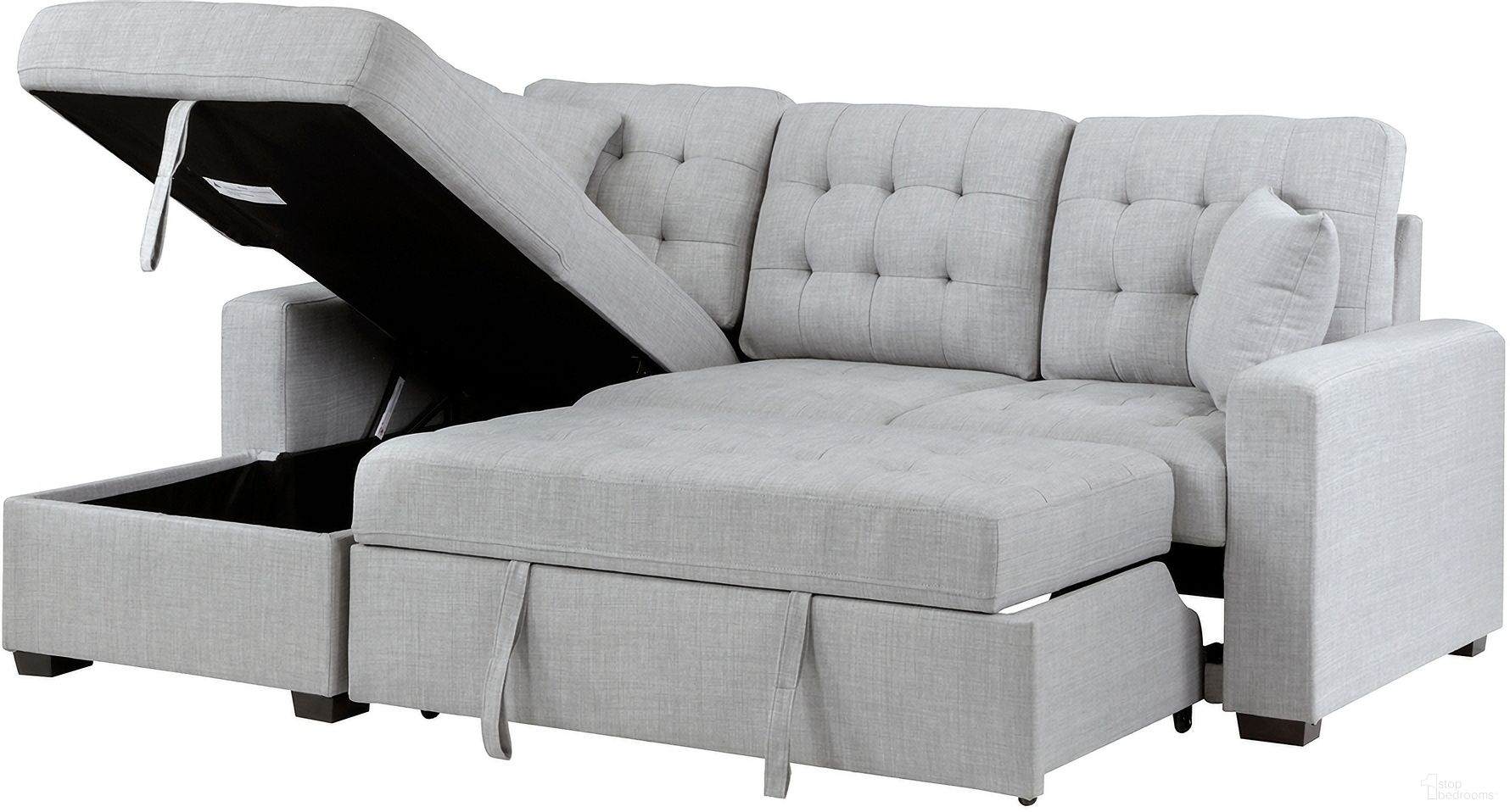 The appearance of Mccafferty 2-Piece Sectional with Pull-out Bed and Left Chaise with Hidden Storage In Light Gray designed by Homelegance in the modern / contemporary interior design. This light gray piece of furniture  was selected by 1StopBedrooms from Mccafferty Collection to add a touch of cosiness and style into your home. Sku: 9916GY-LC;9916GY-RL. Material: Textured. Layout: Sofa & Chaise.
