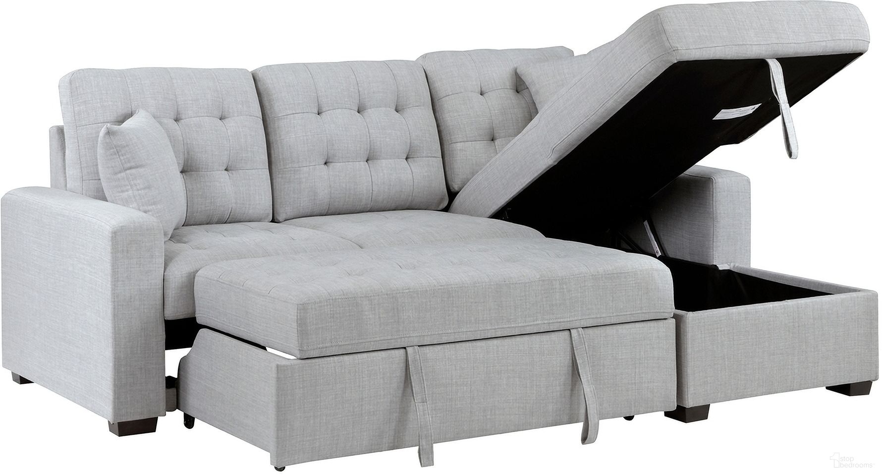The appearance of Mccafferty 2-Piece Sectional with Pull-out Bed and Right Chaise with Hidden Storage In Gray designed by Homelegance in the modern / contemporary interior design. This gray piece of furniture  was selected by 1StopBedrooms from Mccafferty Collection to add a touch of cosiness and style into your home. Sku: 9916GY-RC;9916GY-LL. Material: Textured. Layout: Sofa & Chaise.