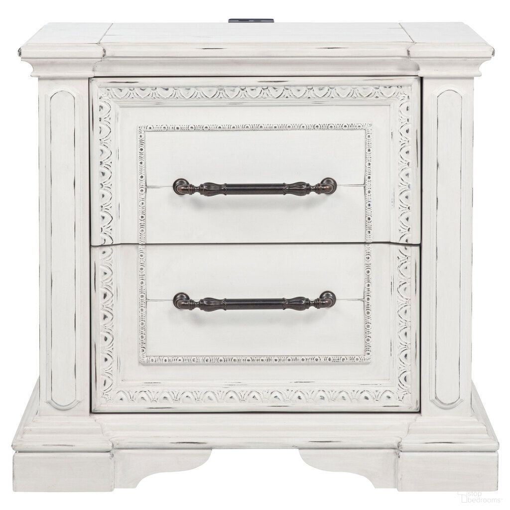 The appearance of McKinney 2-Drawer Nightstand with Dual USB In Vintage White designed by Coaster in the traditional interior design. This vintage white piece of furniture  was selected by 1StopBedrooms from McKinney Collection to add a touch of cosiness and style into your home. Sku: 215872. Material: Poplar.
