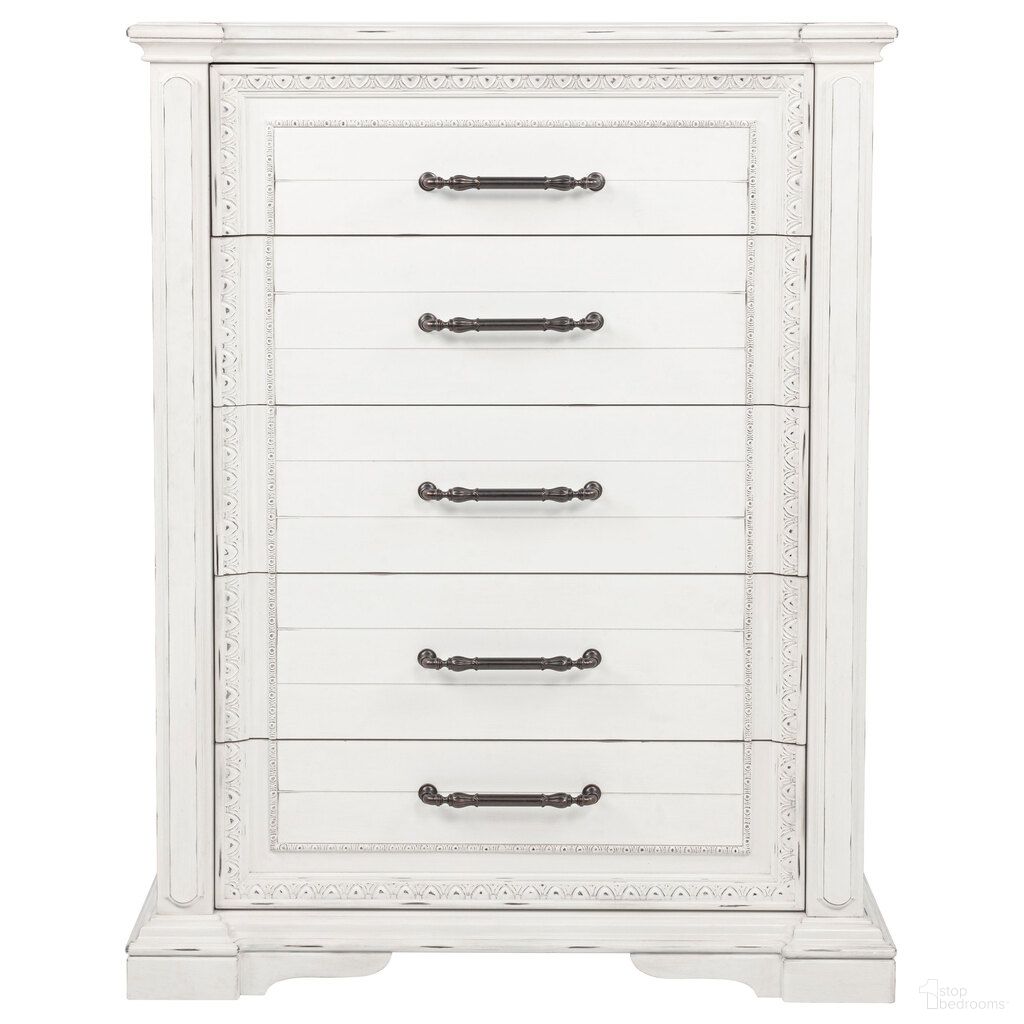 The appearance of McKinney 5-Drawer Bedroom Chest of Drawers In Vintage White designed by Coaster in the traditional interior design. This vintage white piece of furniture was selected by 1StopBedrooms from McKinney Collection to add a touch of cosiness and style into your home. Sku: 215875. Material: MDF.