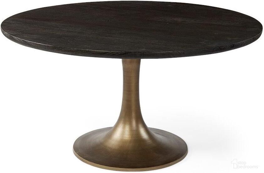 The appearance of Mcleod Ii Round Brown Solid Wood Top Gold Metal Base Dining Table designed by Mercana in the modern / contemporary interior design. This brown piece of furniture  was selected by 1StopBedrooms from McLeod Collection to add a touch of cosiness and style into your home. Sku: 67502-AB. Table Base Style: Pedestal. Table Top Shape: Round. Material: Wood. Size: 54".