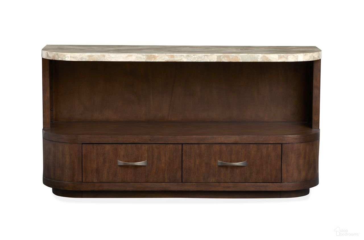 The appearance of Mcpherson Demilune Sofa Table In Burnt Umber designed by Magnussen in the modern / contemporary interior design. This burnt umber piece of furniture was selected by 1StopBedrooms from McPherson Collection to add a touch of cosiness and style into your home. Sku: T6351-75. Material: Oak Veneer.