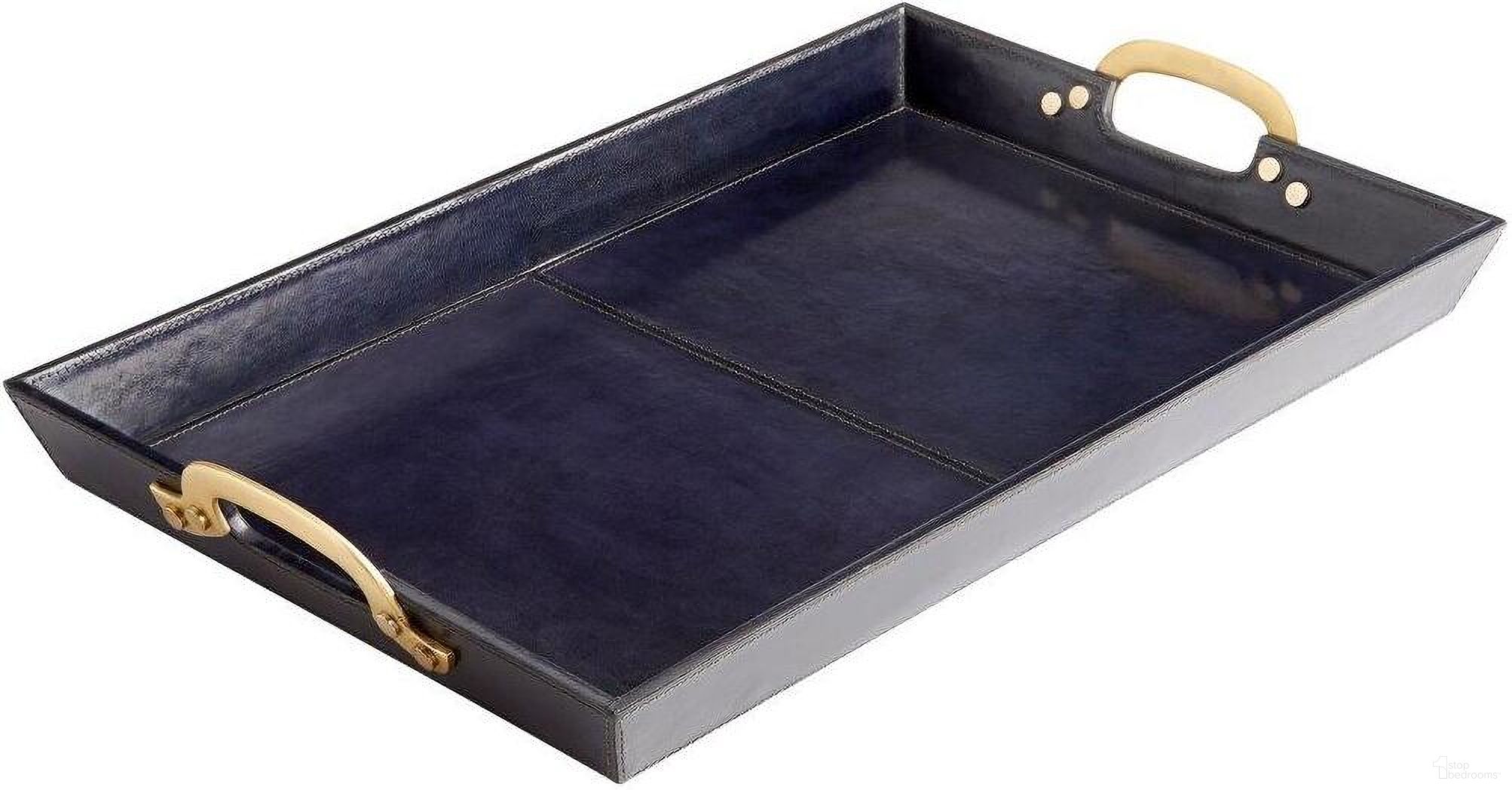 The appearance of McQueen Blue And Antique Brass Tray designed by Cyan Design in the modern / contemporary interior design. This blue and gold piece of furniture  was selected by 1StopBedrooms from  to add a touch of cosiness and style into your home. Sku: 10718. Material: Iron.