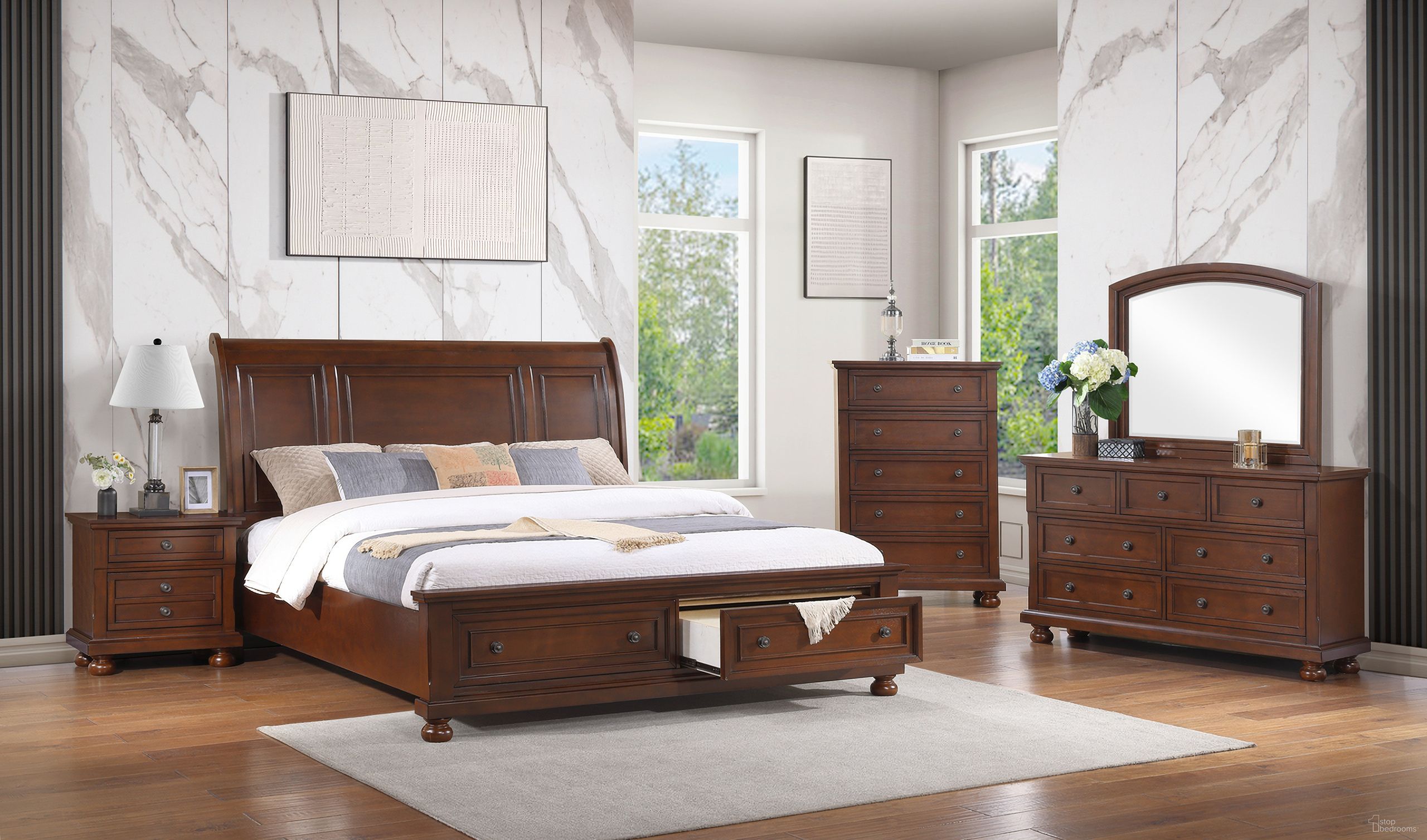 Meade Sleigh Storage Bedroom Set In Dark Cherry