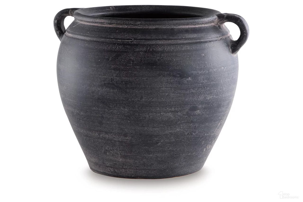 The appearance of Meadie Vase In Distressed Black designed by Signature Design by Ashley in the transitional interior design. This distressed black piece of furniture  was selected by 1StopBedrooms from Meadie Collection to add a touch of cosiness and style into your home. Sku: A2000790. Material: Ceramic.