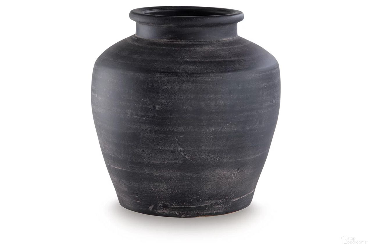 The appearance of Meadie Vase In Distressed Black designed by Signature Design by Ashley in the transitional interior design. This distressed black piece of furniture  was selected by 1StopBedrooms from Meadie Collection to add a touch of cosiness and style into your home. Sku: A2000791. Material: Ceramic.
