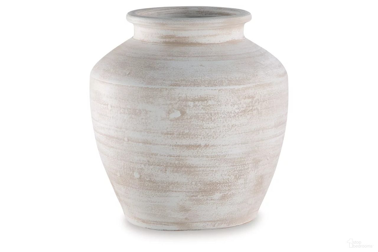 The appearance of Meadie Vase In Distressed White designed by Signature Design by Ashley in the transitional interior design. This distressed white piece of furniture was selected by 1StopBedrooms from Meadie Collection to add a touch of cosiness and style into your home. Sku: A2000788. Material: Ceramic.